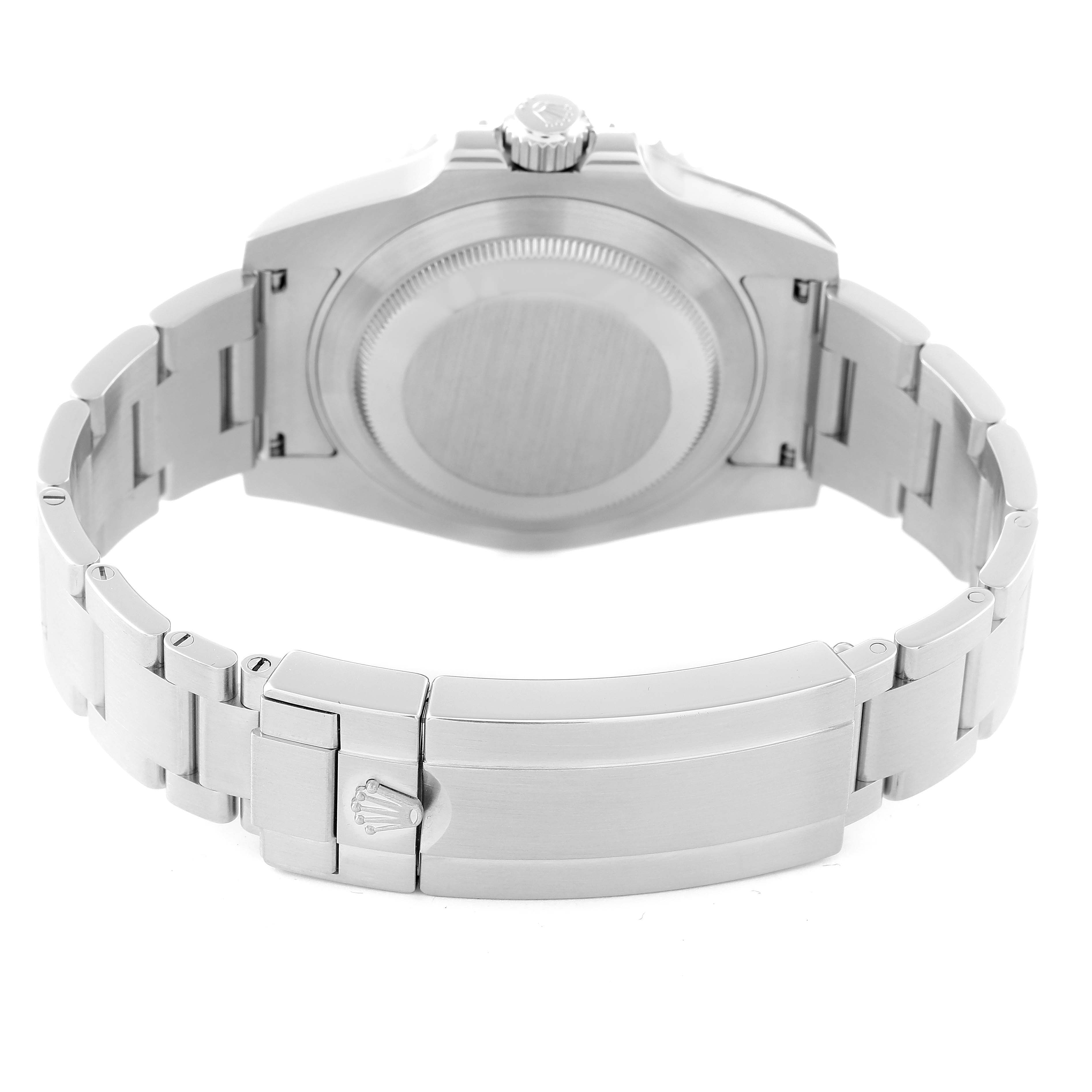 The image shows the back view of a Rolex Submariner 116610LV Men
s Stainless Steel Green Dial 116610LV Men
s Stainless Steel Green Dial watch, displaying the case back, crown, and bracelet clasp.