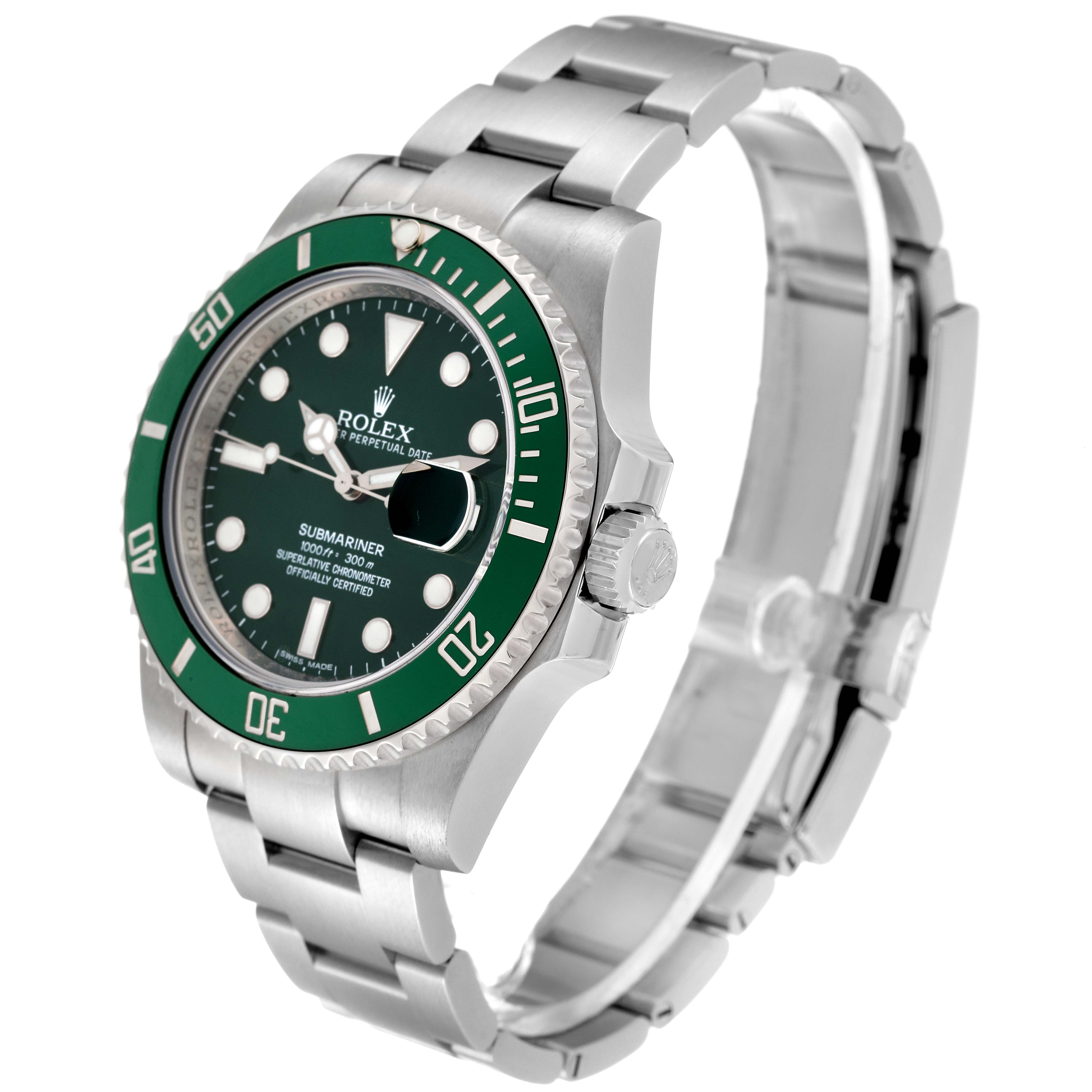 This image shows the Rolex Submariner 116610LV Men
s Stainless Steel Green Dial 116610LV Men
s Stainless Steel Green Dial watch at a slight angle, highlighting the face, bezel, crown, and metal bracelet.