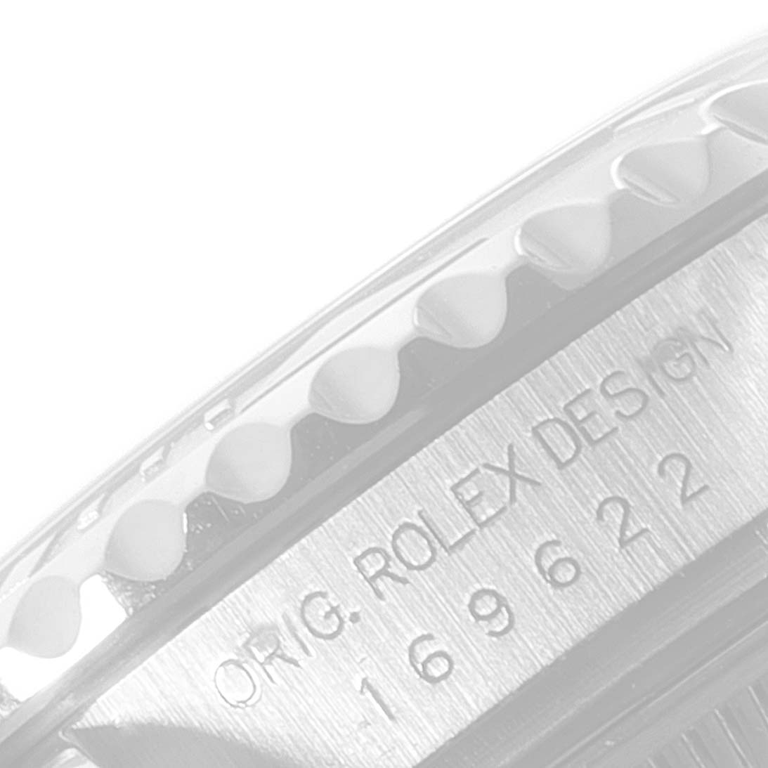 This is a close-up angle of the side of the Rolex Yacht-Master 169622 Women's Stainless Steel Silver Dial 169622 Women's Stainless Steel Silver Dial watch, showing part of the bezel and the engraved model number.