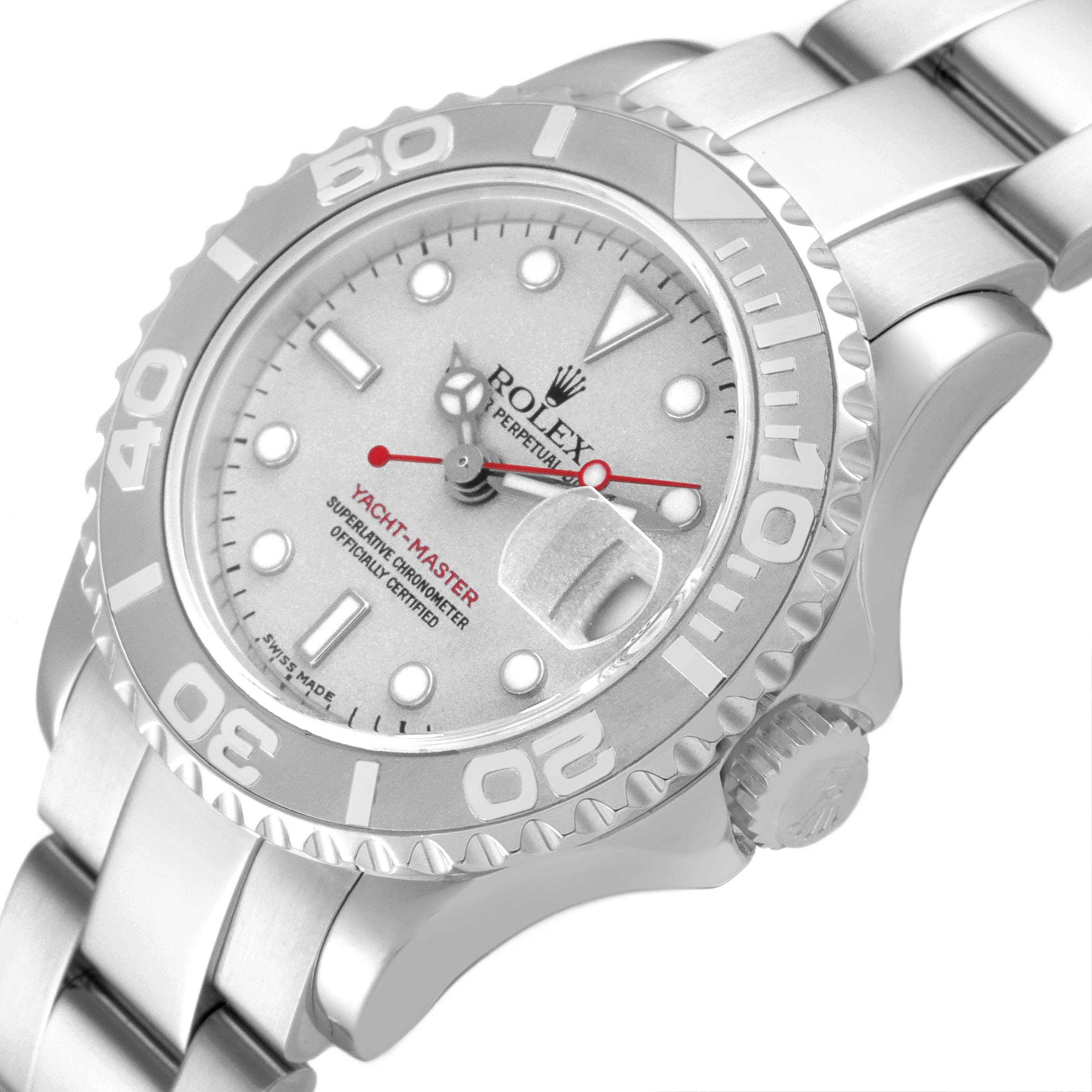 The image shows a top-side view of a Rolex Yacht-Master 169622 Women's Stainless Steel Silver Dial 169622 Women's Stainless Steel Silver Dial watch displaying its dial, bezel, and part of the bracelet.