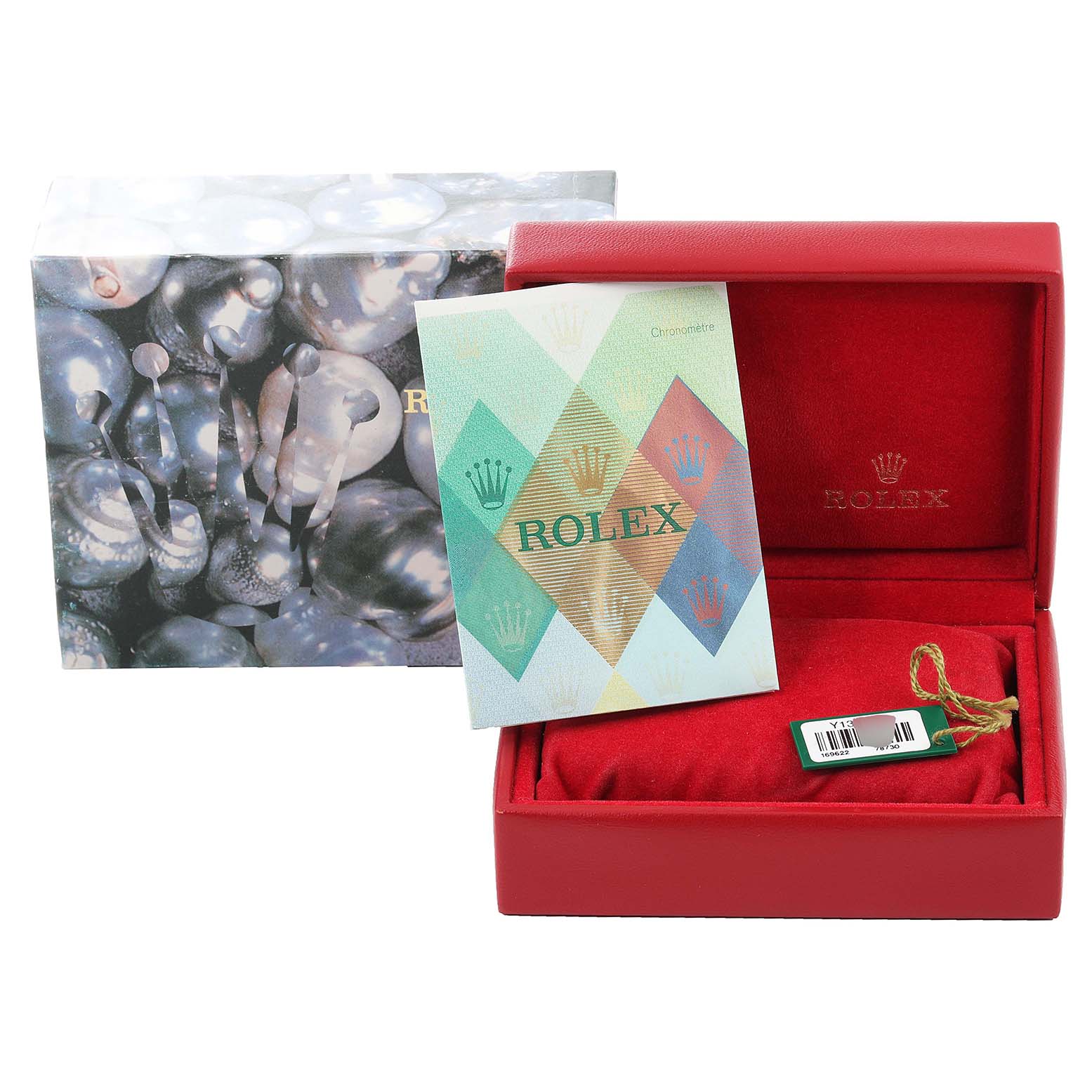 The image shows the box, manuals, and warranty card holder for a Rolex Yacht-Master 169622 Women's Stainless Steel Silver Dial 169622 Women's Stainless Steel Silver Dial.