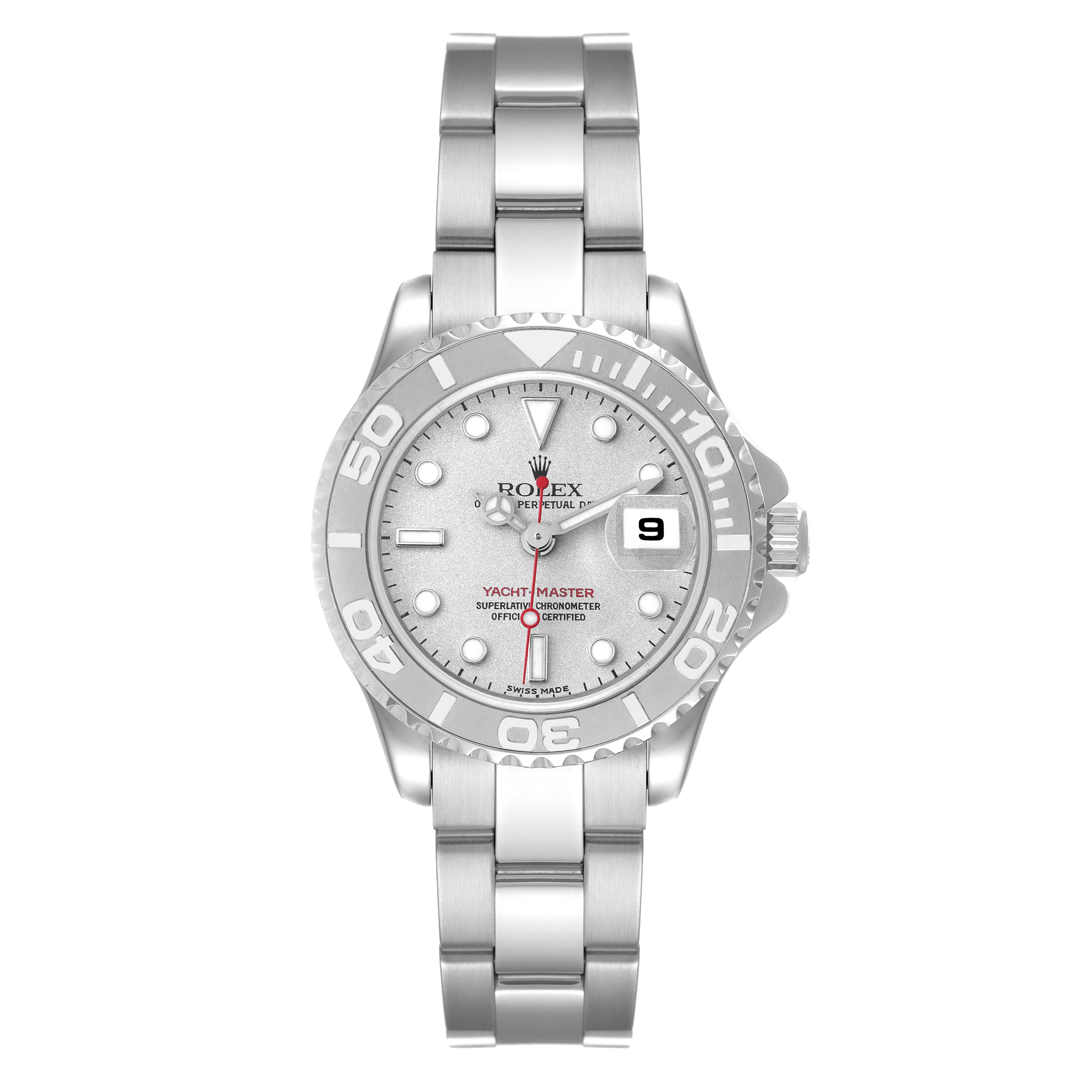 The Rolex Yacht-Master 169622 Women's Stainless Steel Silver Dial 169622 Women's Stainless Steel Silver Dial watch is shown from a top view, displaying the face, bezel, crown, and bracelet.