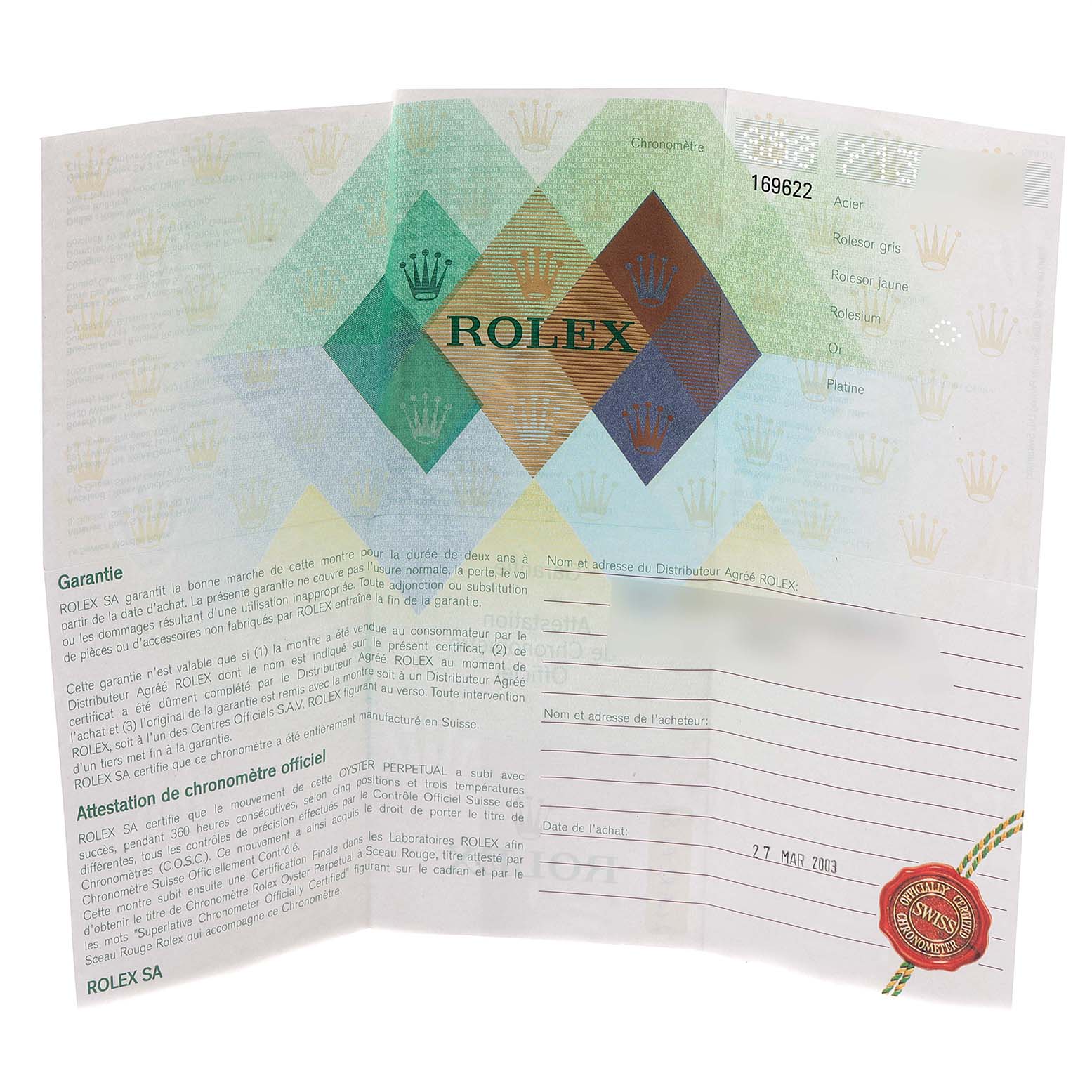 This image shows the warranty and certification papers for a Rolex Yacht-Master 169622 Women's Stainless Steel Silver Dial 169622 Women's Stainless Steel Silver Dial watch.