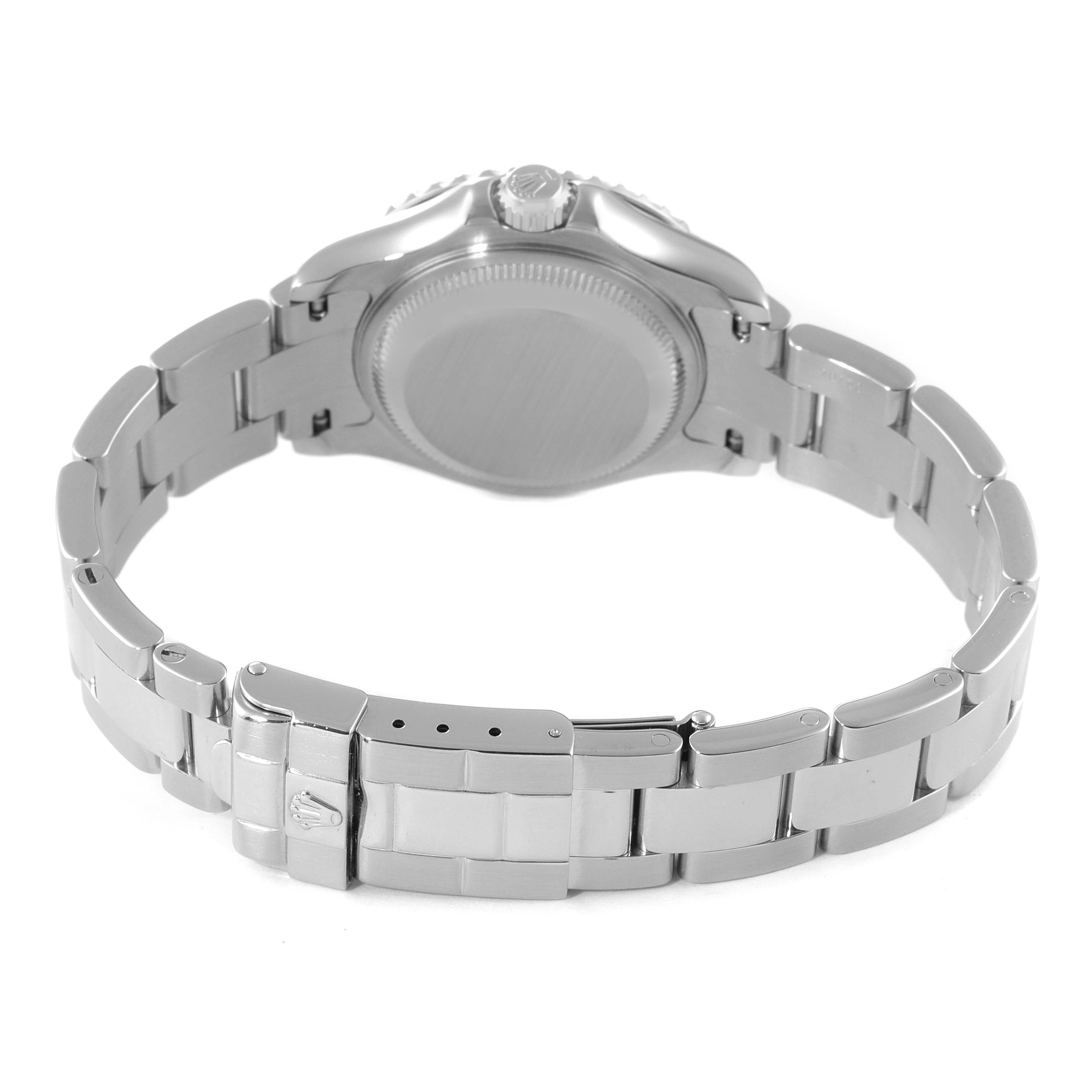 The image shows the back view of the Rolex Yacht-Master 169622 Women's Stainless Steel Silver Dial 169622 Women's Stainless Steel Silver Dial watch, highlighting its bracelet, clasp, and case.
