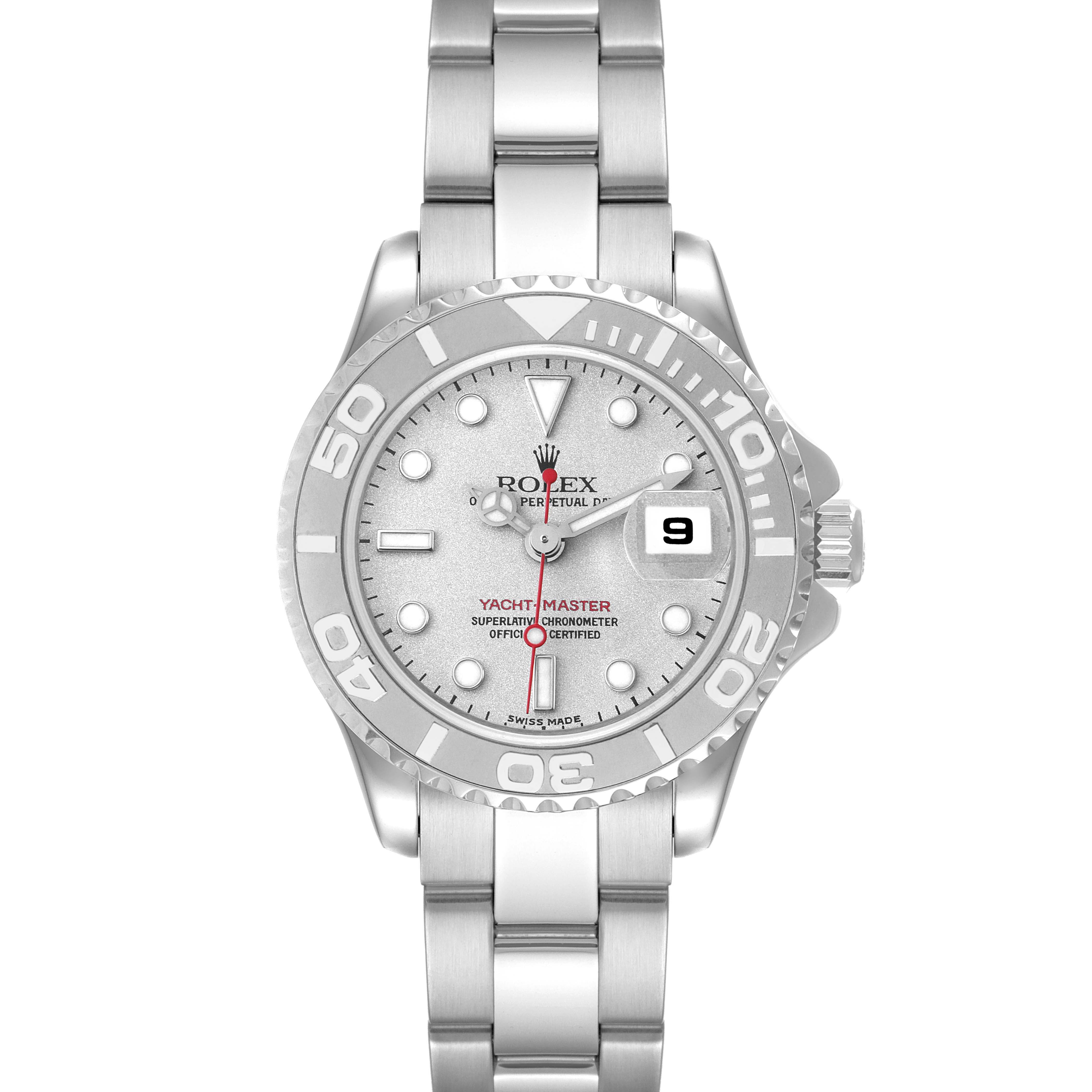 The image shows a frontal view of a Rolex Yacht-Master 169622 Women's Stainless Steel Silver Dial 169622 Women's Stainless Steel Silver Dial watch, displaying the dial, bezel, and bracelet in detail.