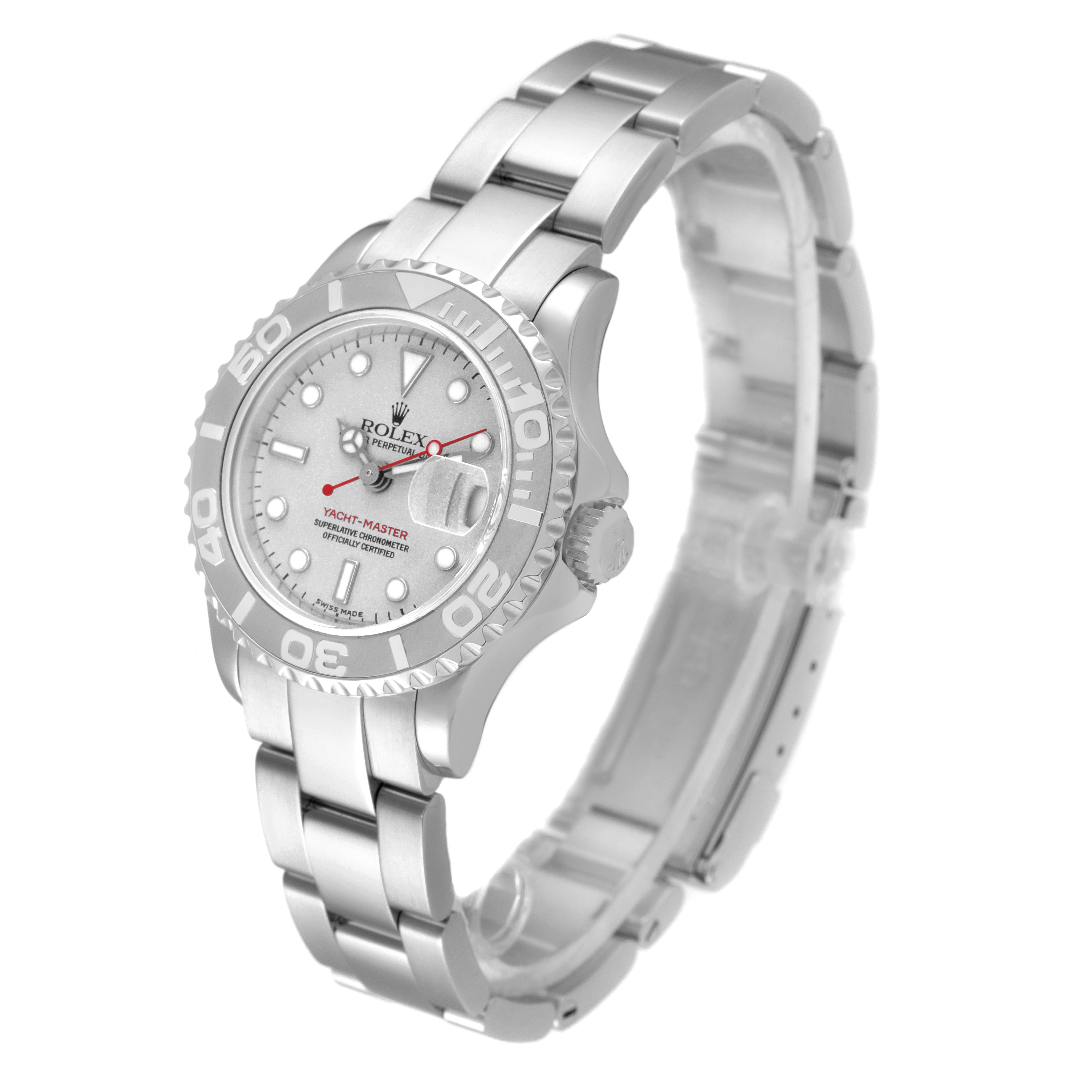 The Rolex Yacht-Master 169622 Women's Stainless Steel Silver Dial 169622 Women's Stainless Steel Silver Dial watch is shown at a slight angle, highlighting its face, bezel, and metal bracelet.