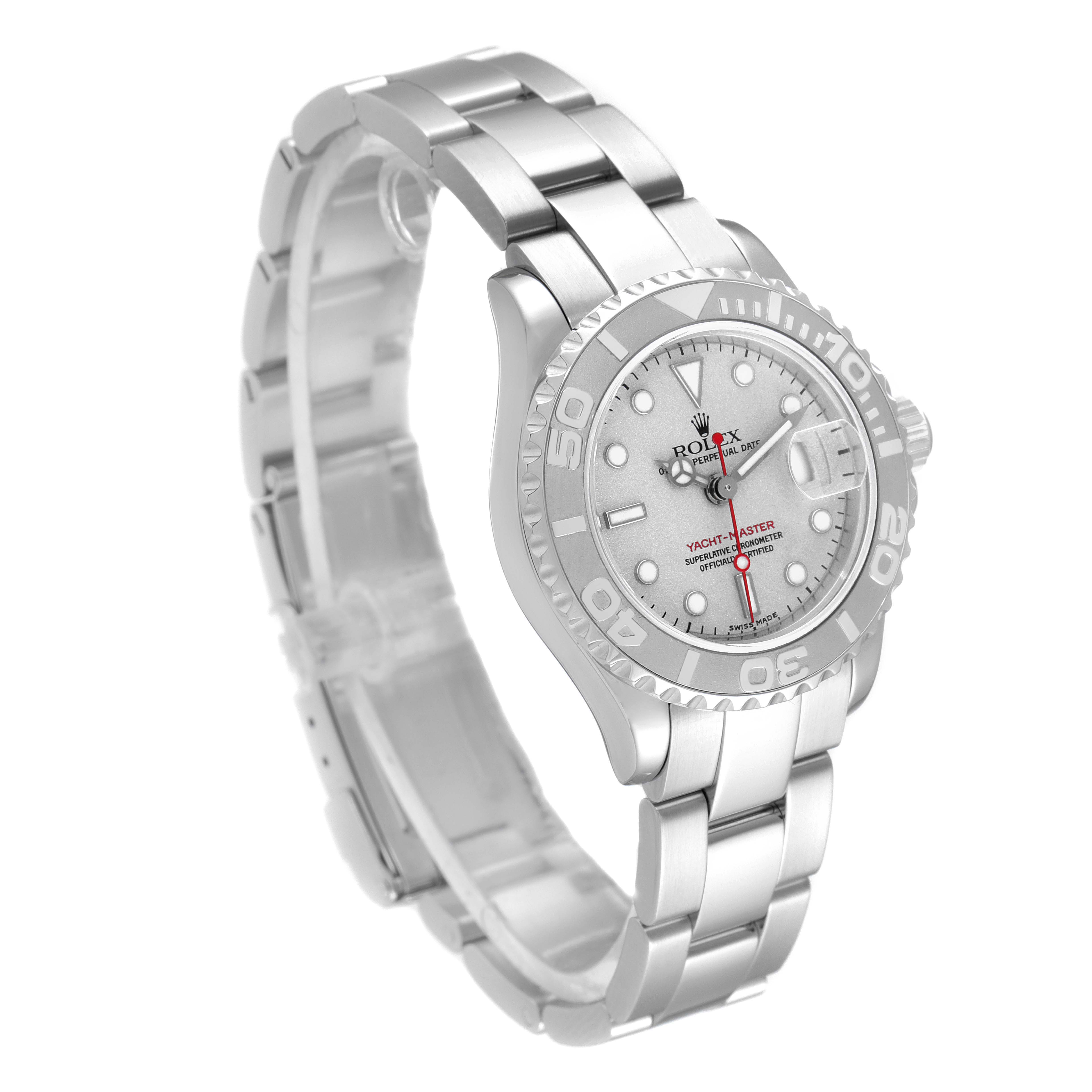 The image shows a Rolex Yacht-Master 169622 Women's Stainless Steel Silver Dial 169622 Women's Stainless Steel Silver Dial watch at an angled view, highlighting its face, bezel, and metal bracelet.