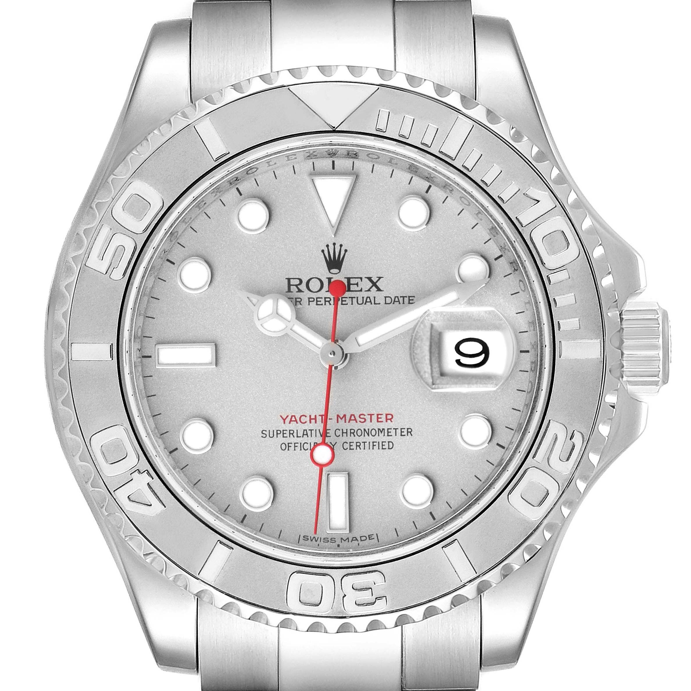 The image shows a front view of the Rolex Yacht-Master 16622 Men's Stainless Steel Silver Dial 16622 Men's Stainless Steel Silver Dial watch, highlighting the face, bezel, and bracelet.