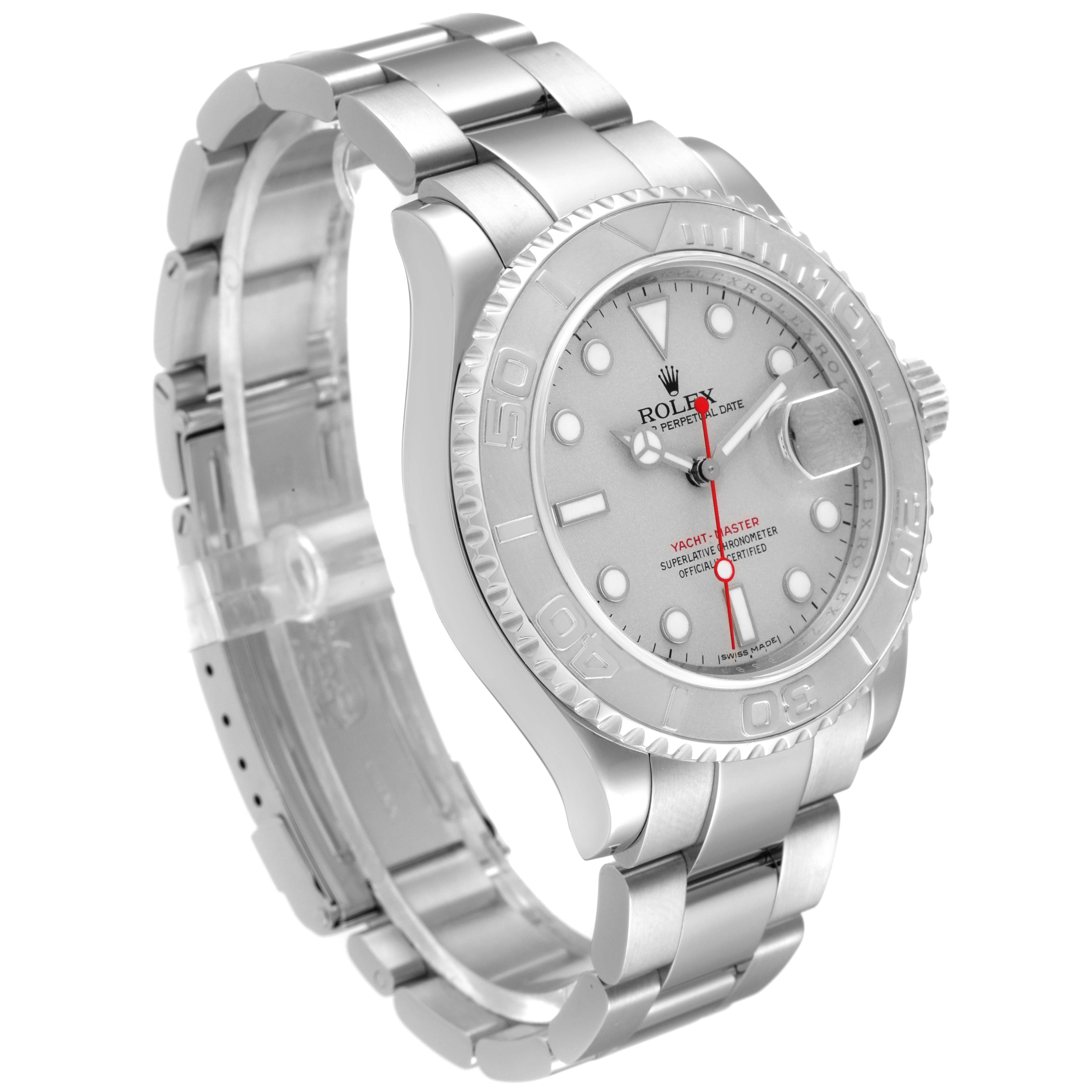 The image shows a side view of the Rolex Yacht-Master 16622 Men's Stainless Steel Silver Dial 16622 Men's Stainless Steel Silver Dial watch, highlighting the dial, bezel, bracelet, and clasp.