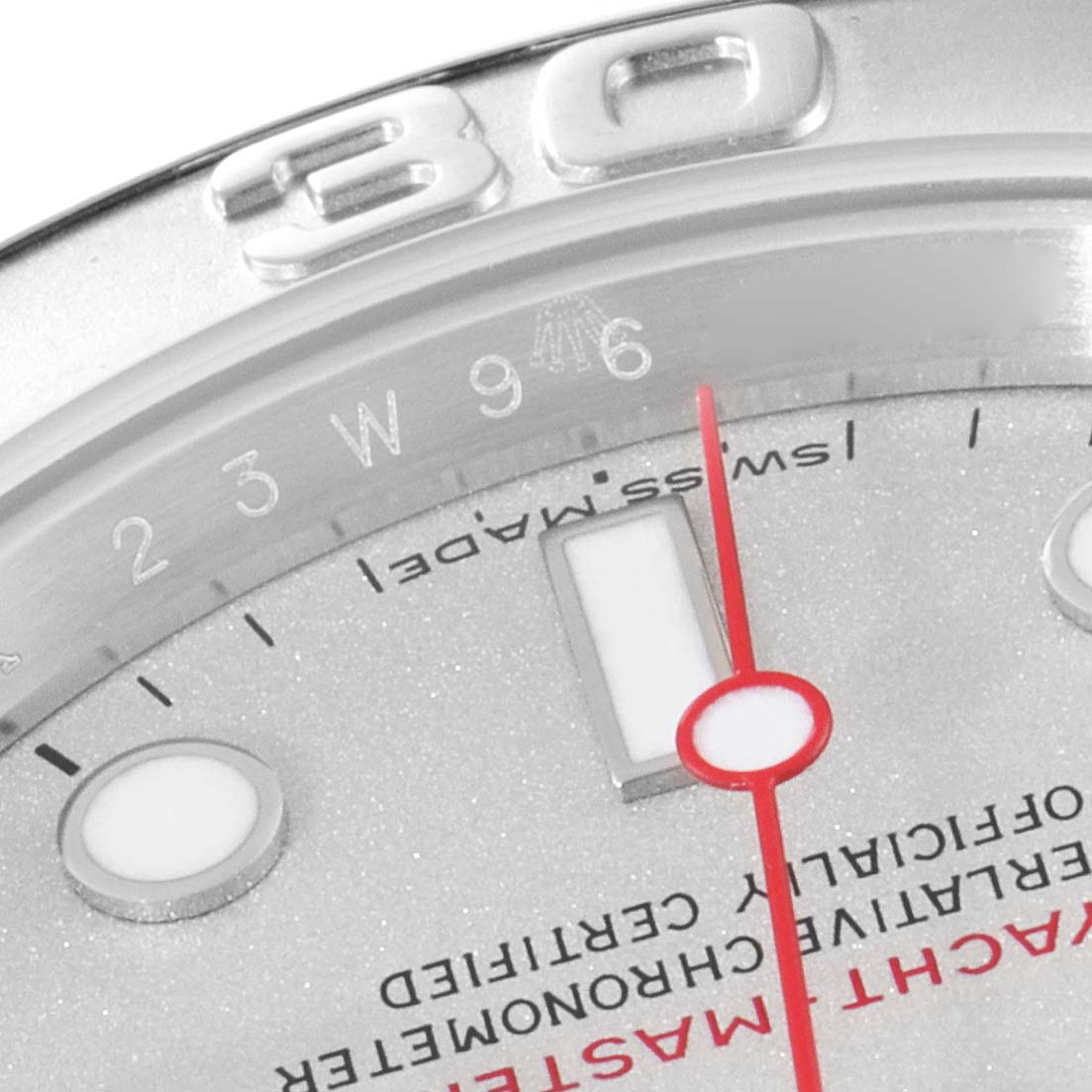 Close-up of the dial and bezel of a Rolex Yacht-Master 16622 Men's Stainless Steel Silver Dial 16622 Men's Stainless Steel Silver Dial, showing hour markers, minute track, and part of the second hand.