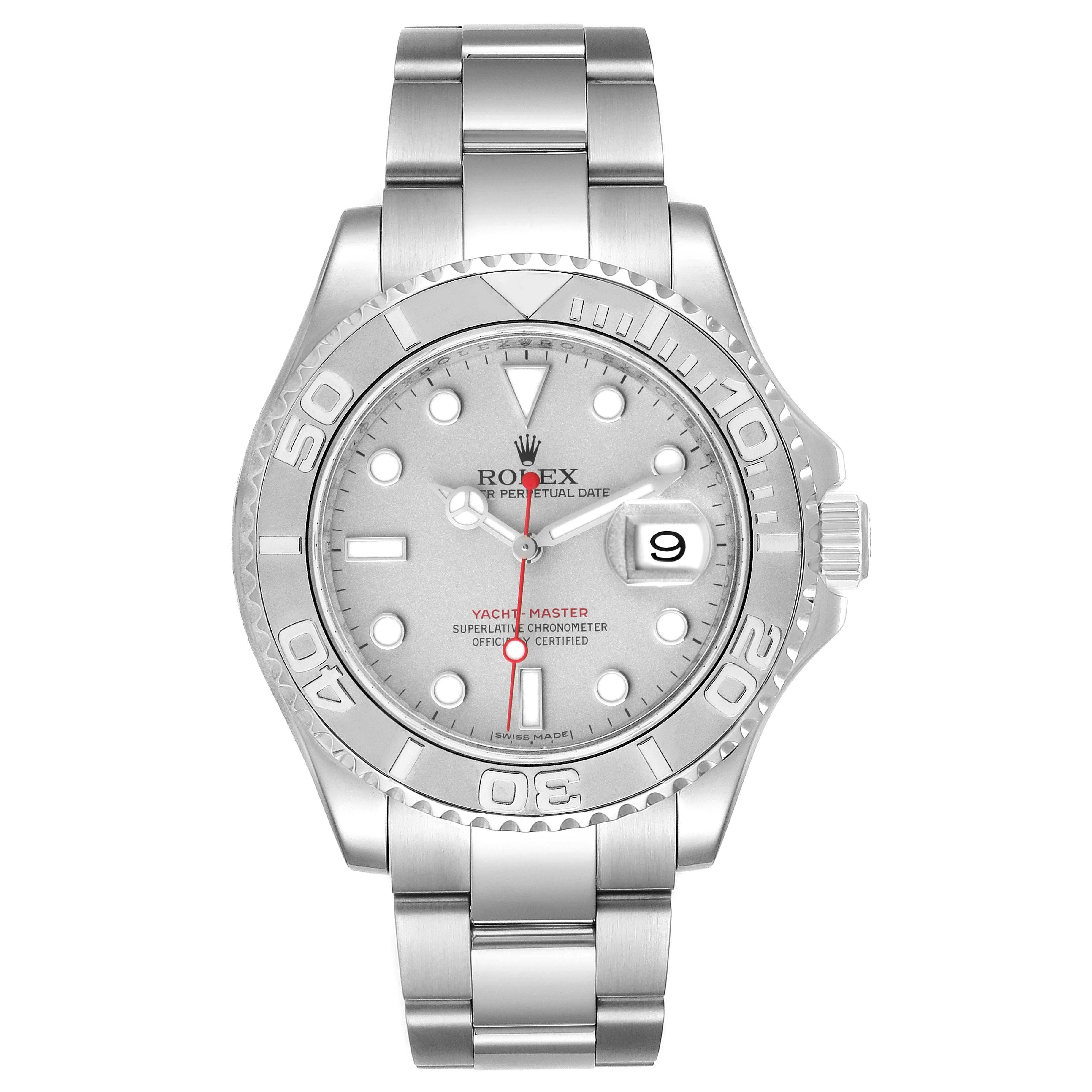 The Rolex Yacht-Master 16622 Men's Stainless Steel Silver Dial 16622 Men's Stainless Steel Silver Dial watch is shown from the front, displaying the dial, bracelet, and bezel.