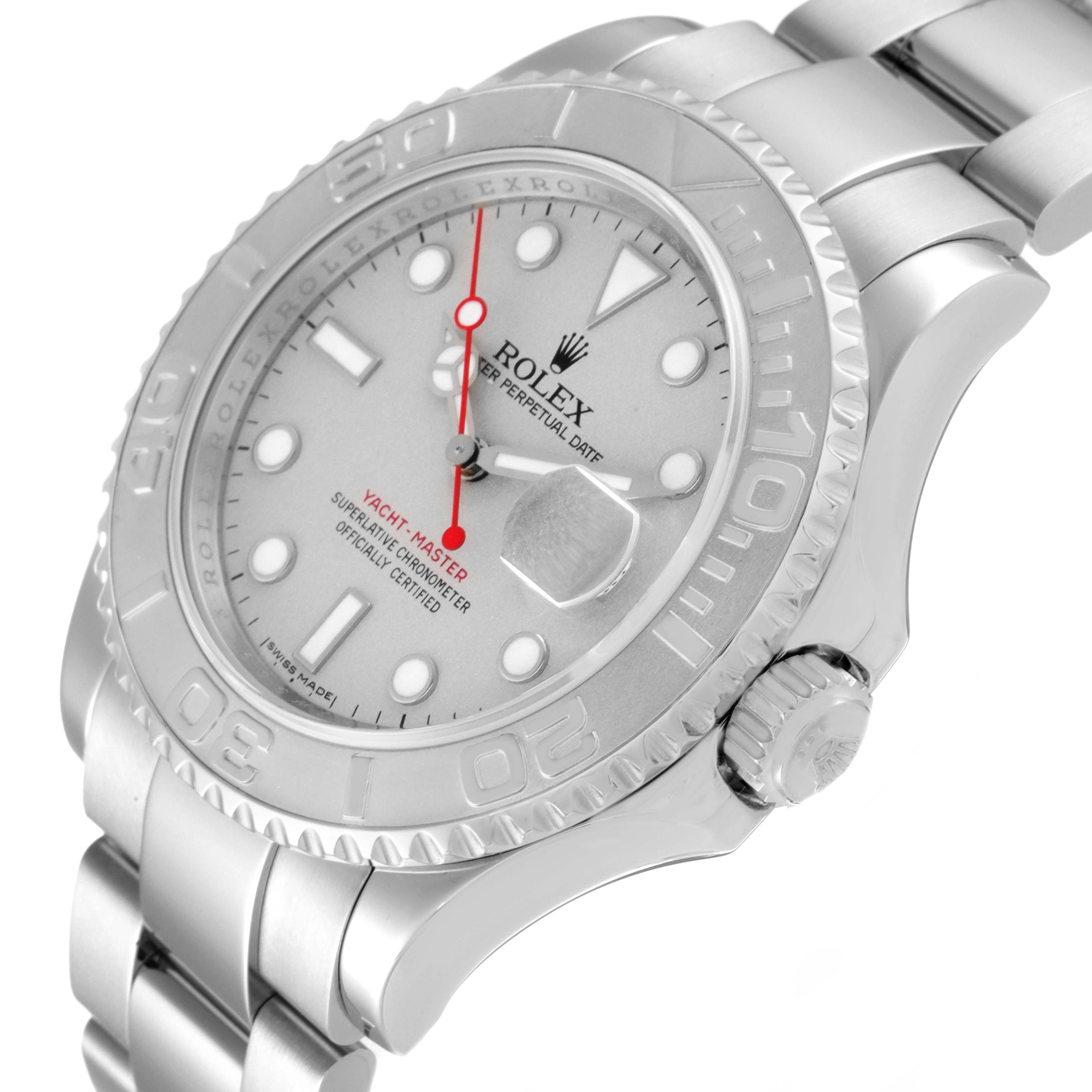 The Rolex Yacht-Master 16622 Men's Stainless Steel Silver Dial 16622 Men's Stainless Steel Silver Dial watch is shown at an angle highlighting the dial, bezel, crown, and part of the bracelet.