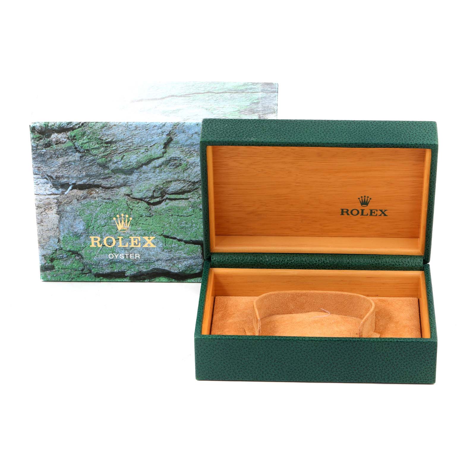 The image shows an open Rolex Yacht-Master 16622 Men's Stainless Steel Silver Dial 16622 Men's Stainless Steel Silver Dial watch box with its lid open, revealing a padded compartment for the watch.