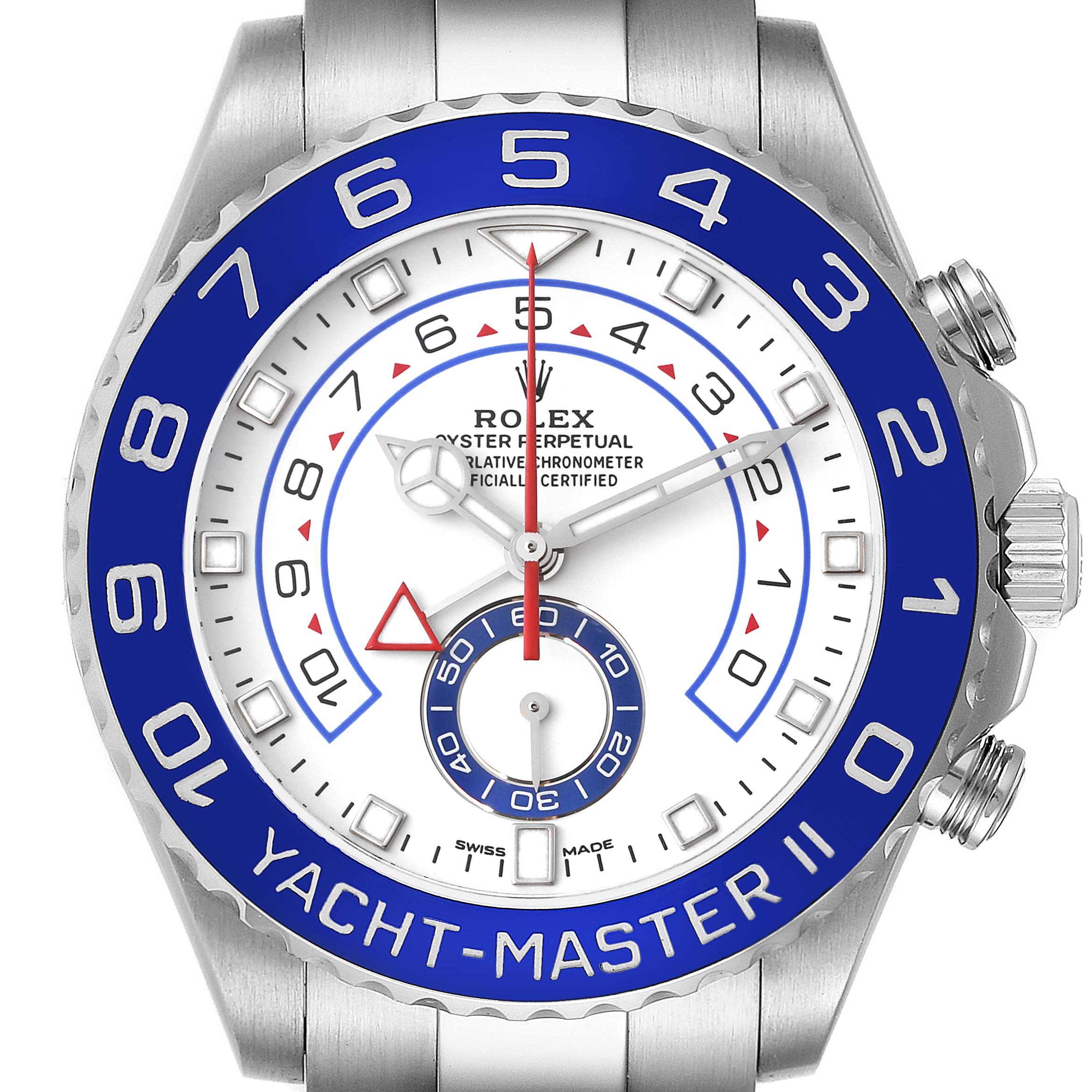 This image shows a front view of the Rolex Yacht-Master 116680 Men's Stainless Steel White Dial 116680 Men's Stainless Steel White Dial II watch, highlighting the bezel, dial, and bracelet partially.