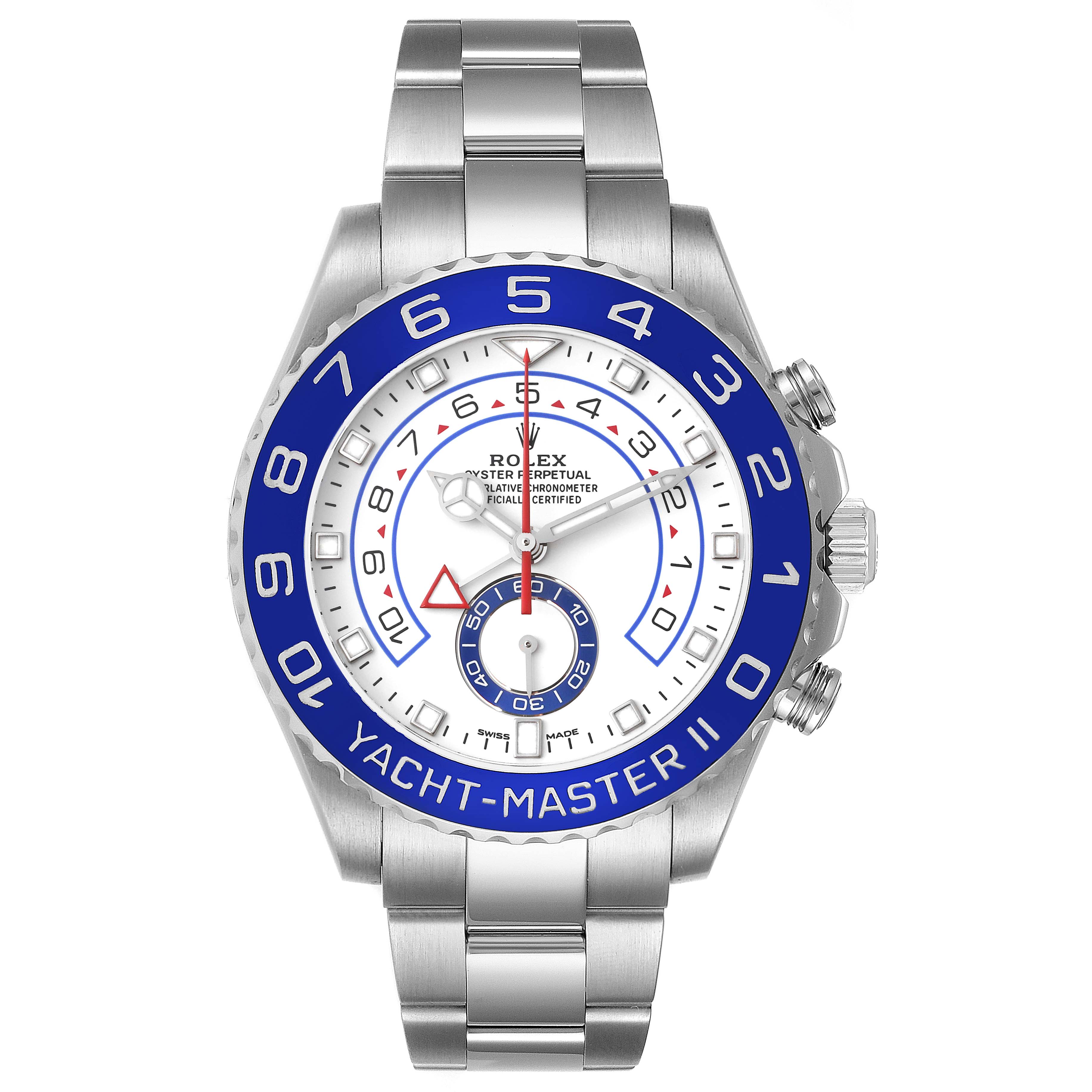 The image shows a frontal view of the Rolex Yacht-Master 116680 Men's Stainless Steel White Dial 116680 Men's Stainless Steel White Dial II watch, highlighting the dial, bezel, and bracelet.