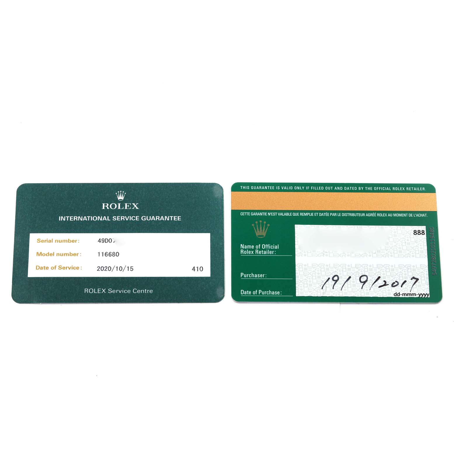 The image shows two documents for the Rolex Yacht-Master 116680 Men's Stainless Steel White Dial 116680 Men's Stainless Steel White Dial model: an International Service Guarantee card and a warranty card.