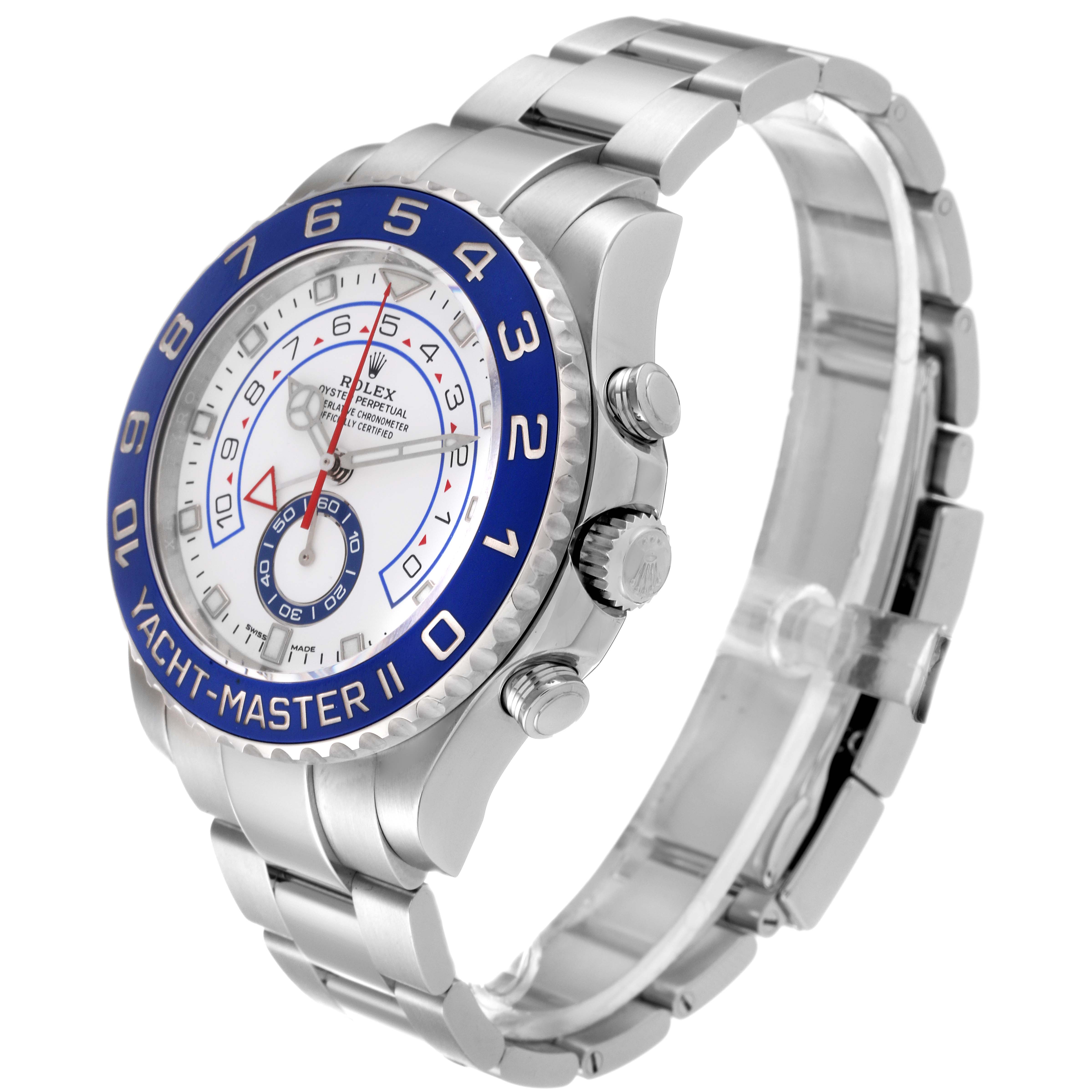 This image shows a side view of the Rolex Yacht-Master 116680 Men's Stainless Steel White Dial 116680 Men's Stainless Steel White Dial II watch, highlighting its bezel, crown, bracelet, and case.