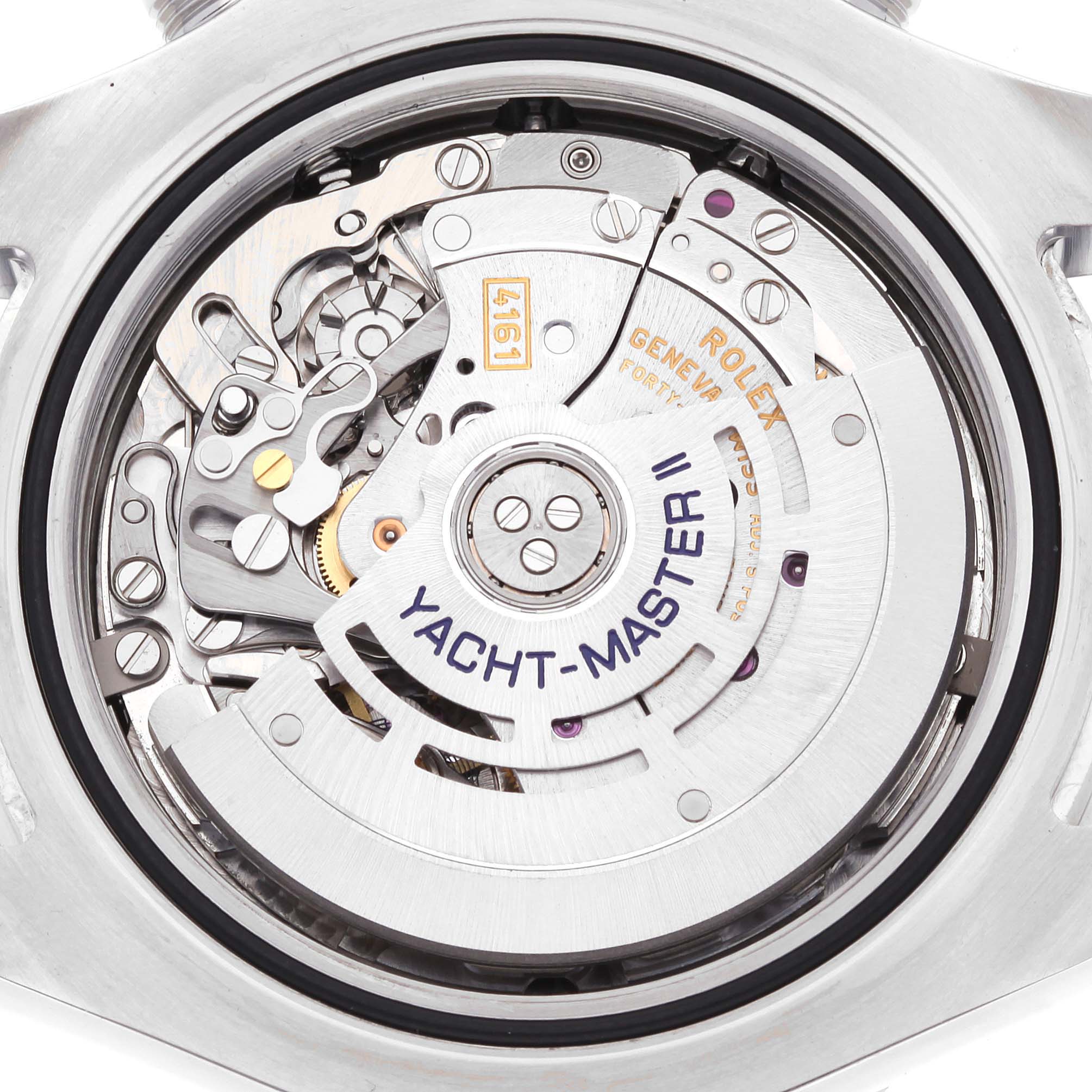 This image shows the internal mechanics and rotor of a Rolex Yacht-Master 116680 Men's Stainless Steel White Dial 116680 Men's Stainless Steel White Dial II watch from a back angle.