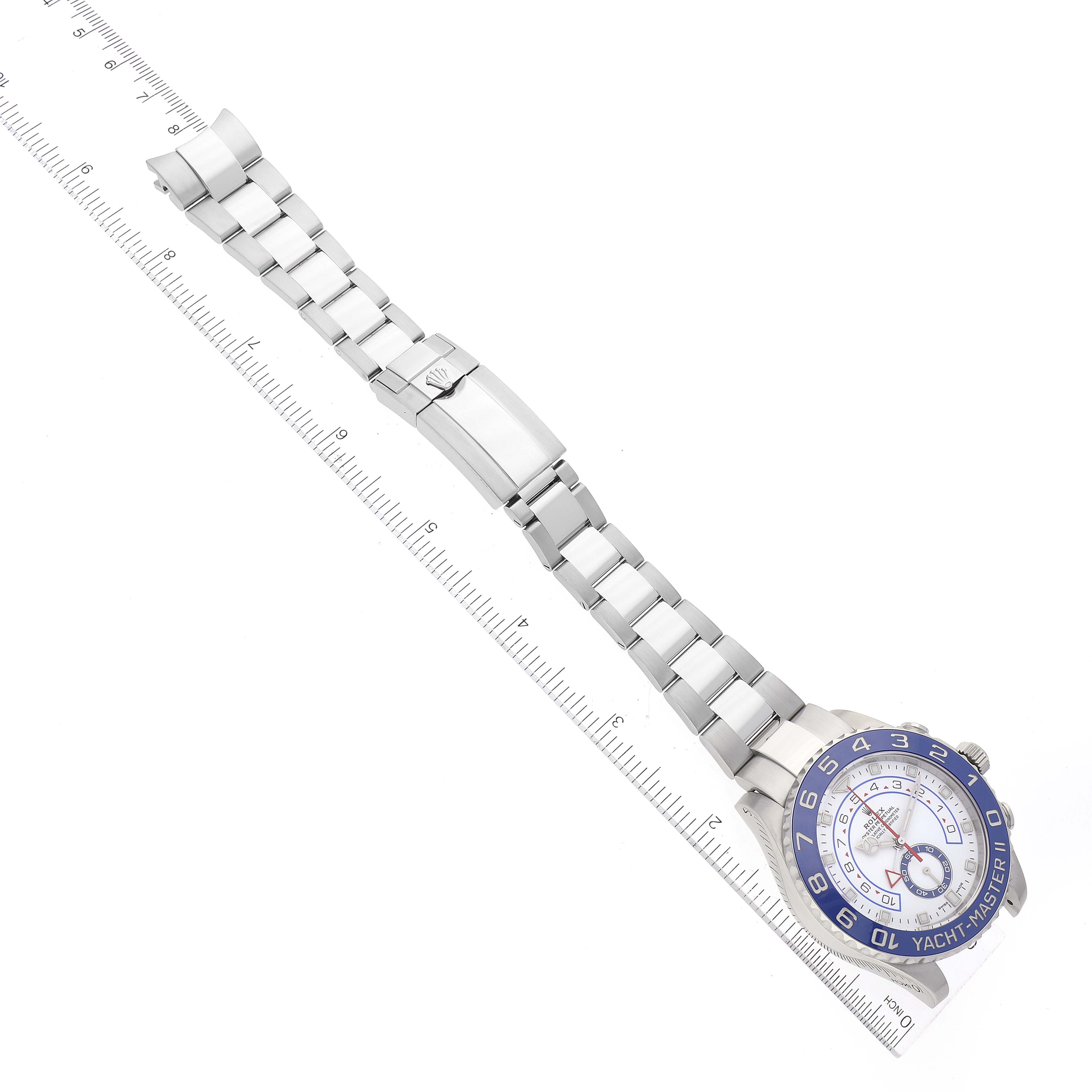 The image shows a top-down view of the Rolex Yacht-Master 116680 Men's Stainless Steel White Dial 116680 Men's Stainless Steel White Dial model watch, highlighting its bracelet and clasp.