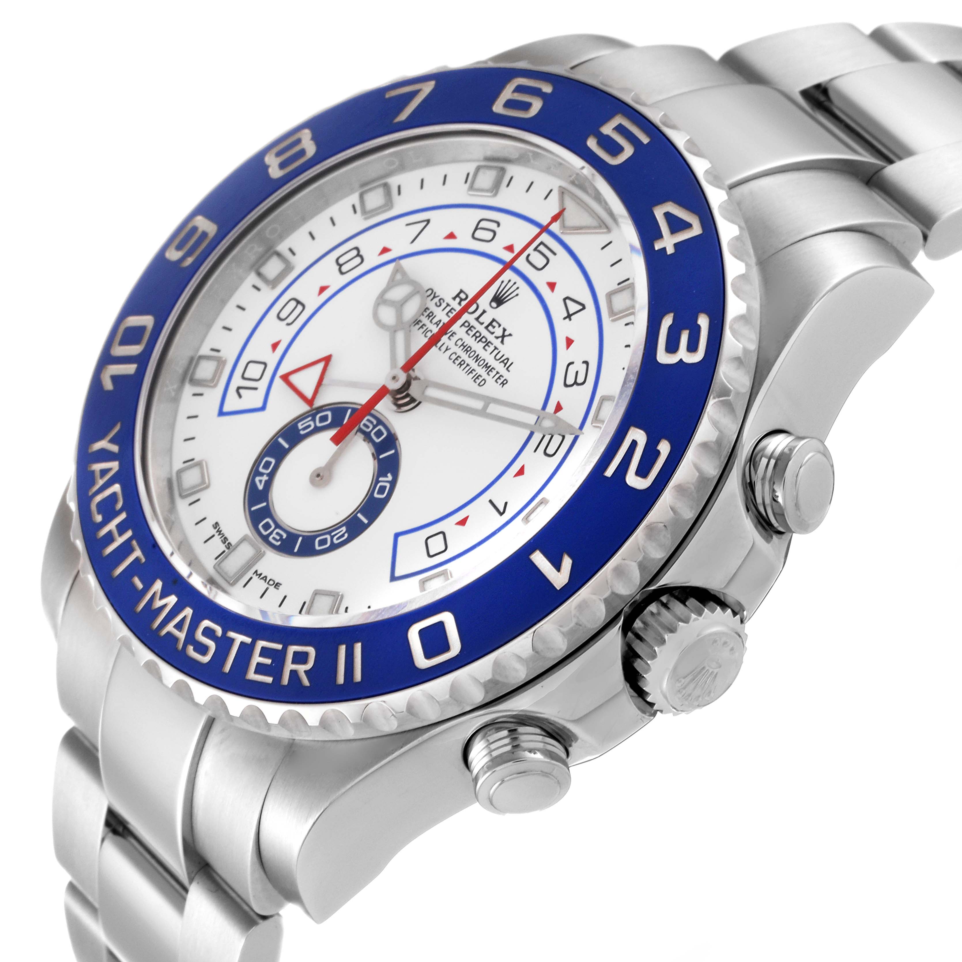 The Rolex Yacht-Master 116680 Men's Stainless Steel White Dial 116680 Men's Stainless Steel White Dial watch is shown at a three-quarter angle, highlighting its bezel, face, and part of the bracelet.