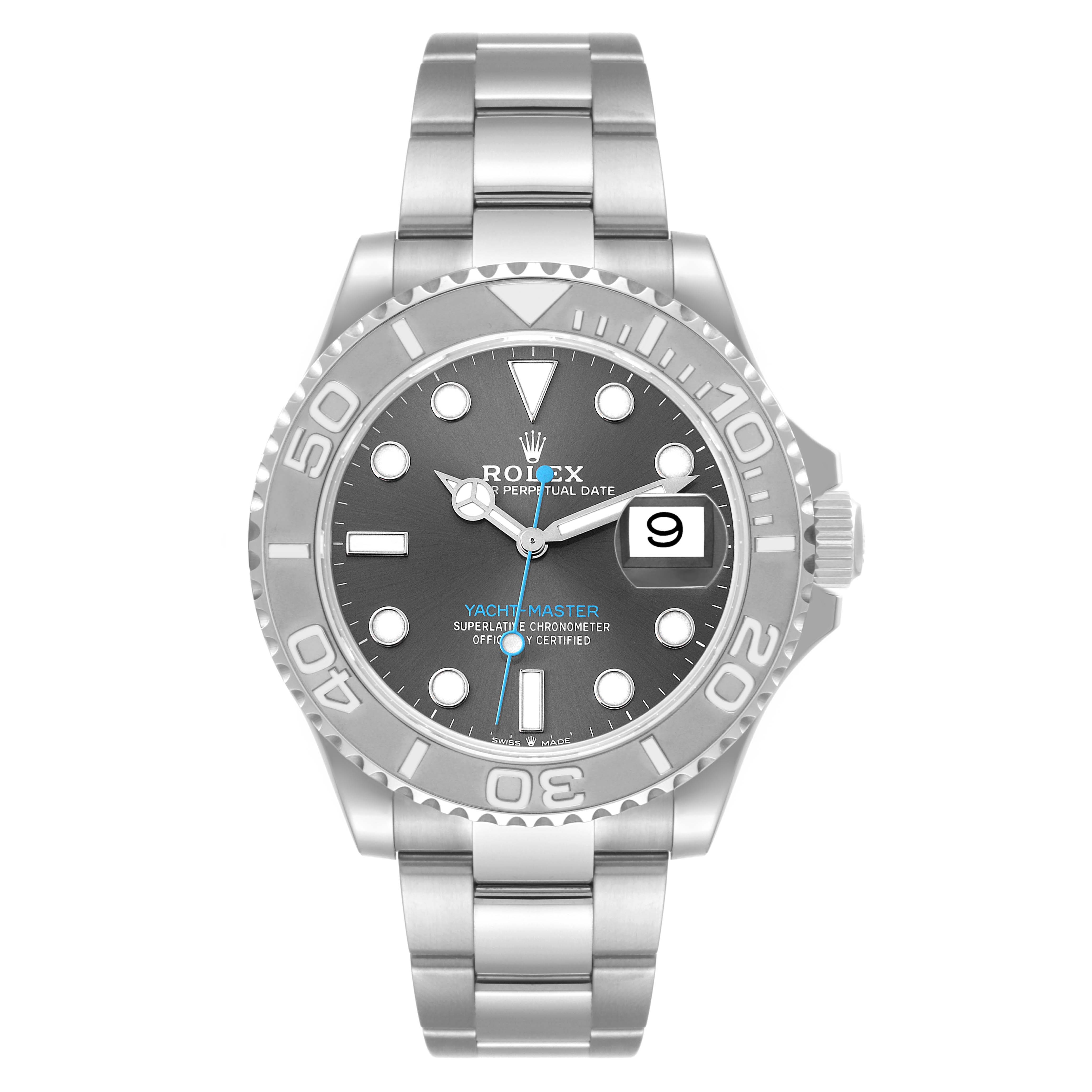 The image shows a front view of the Rolex Yacht-Master 126622 Men
s Stainless Steel Grey Dial 126622 Men
s Stainless Steel Grey Dial watch, highlighting the dial, bezel, and bracelet.