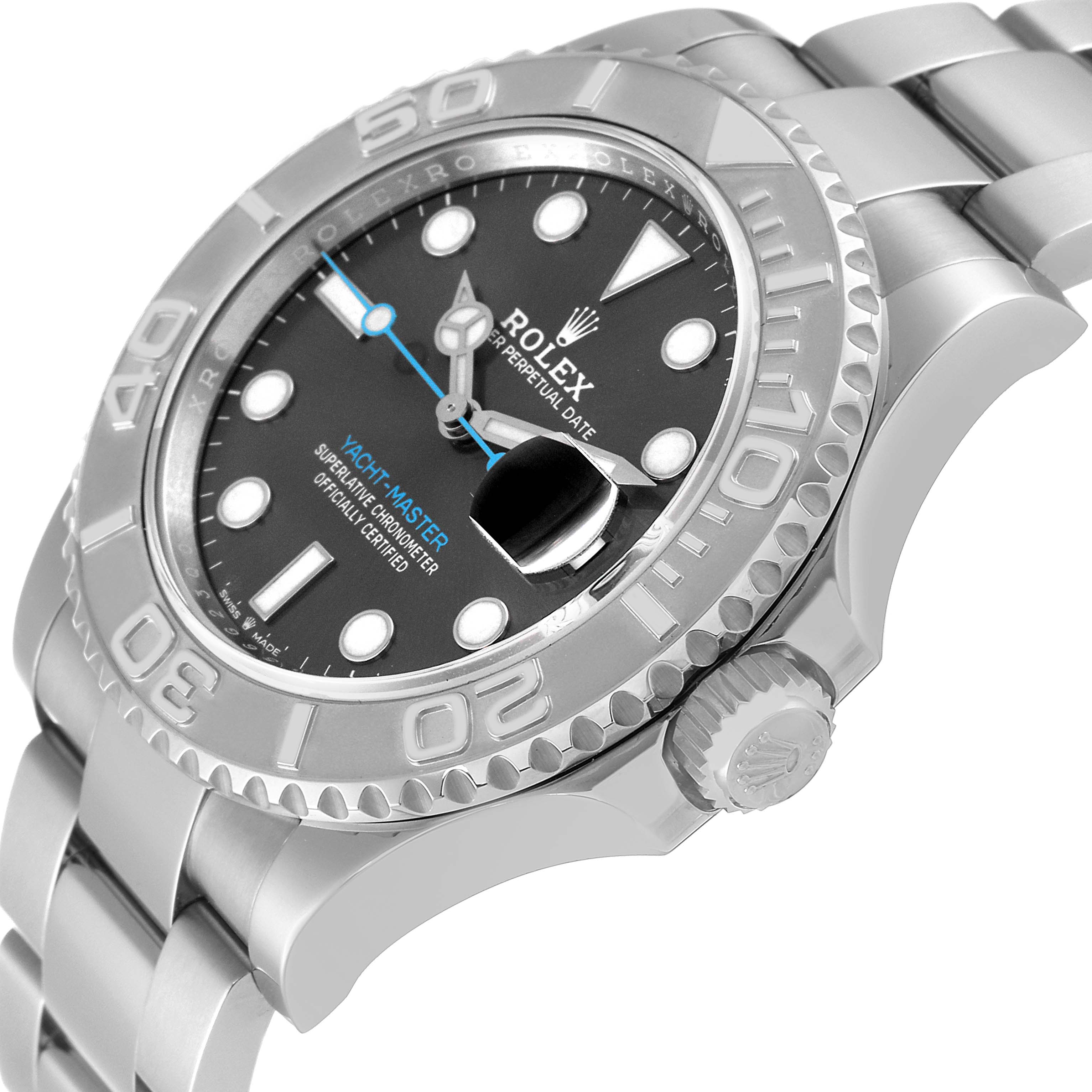 The image shows a Rolex Yacht-Master 126622 Men
s Stainless Steel Grey Dial 126622 Men
s Stainless Steel Grey Dial watch at an angled close-up, highlighting the dial, bezel, and crown.