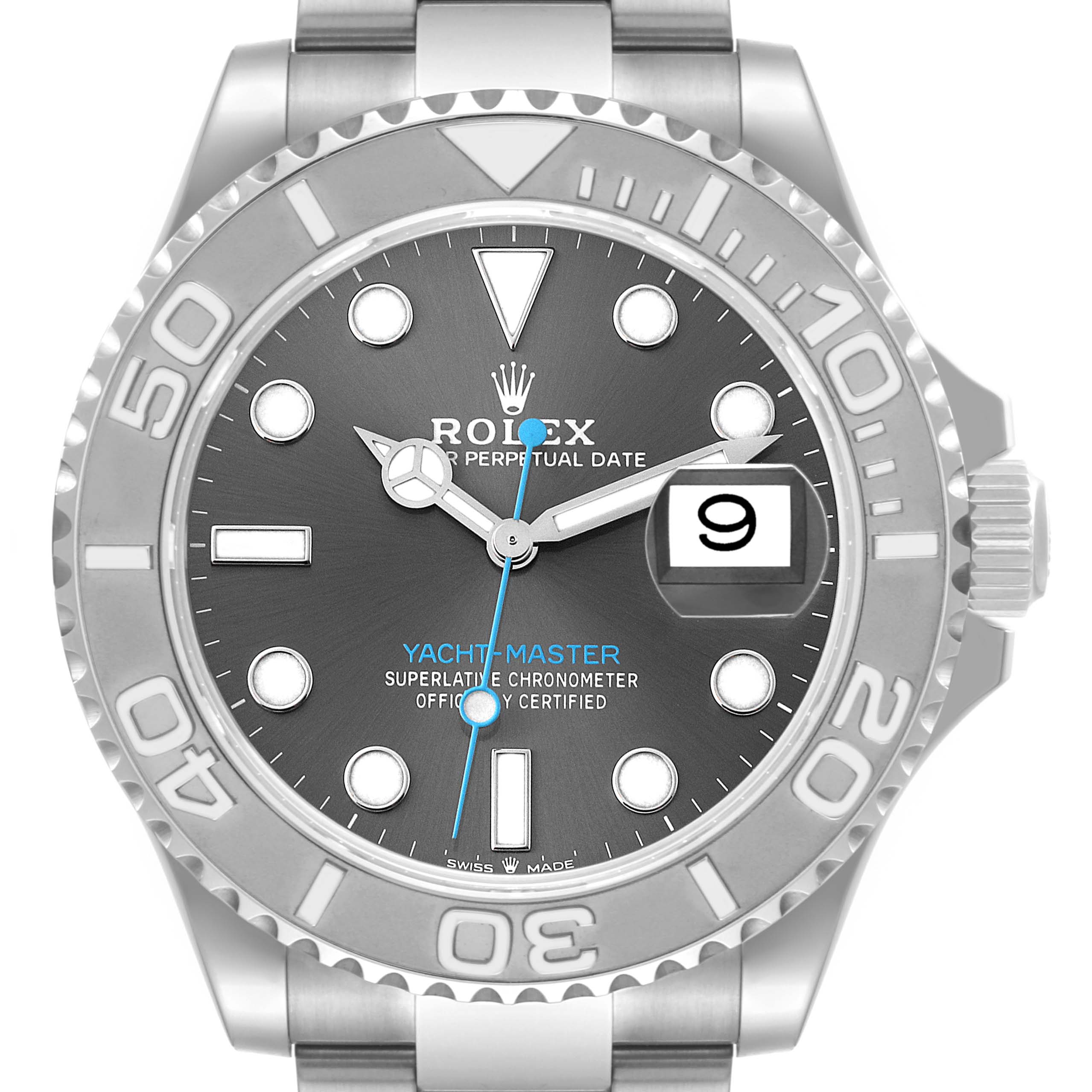 This image shows a front view of the Rolex Yacht-Master 126622 Men
s Stainless Steel Grey Dial 126622 Men
s Stainless Steel Grey Dial watch, highlighting the dial, bezel, and bracelet.