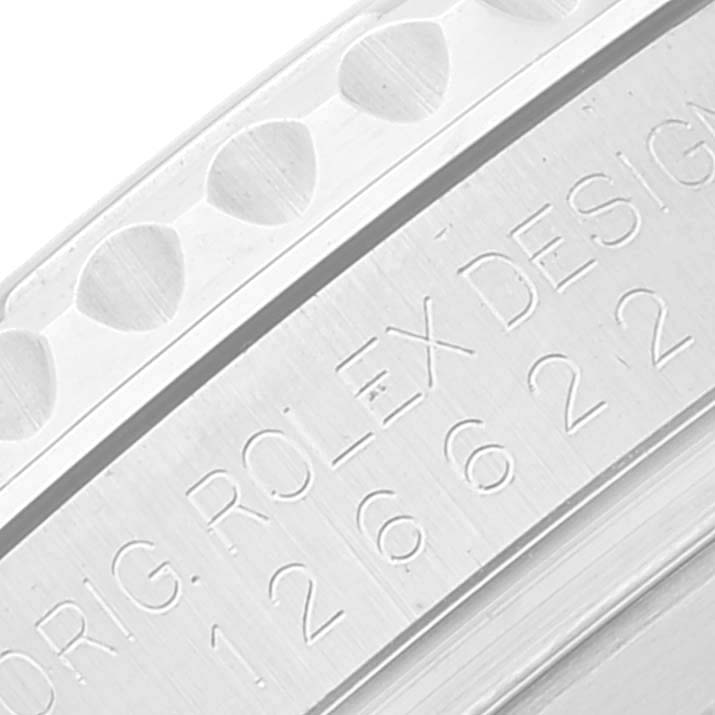 The image shows a close-up angle of the bezel and case with the engravings on a Rolex Yacht-Master 126622 Men
s Stainless Steel Grey Dial 126622 Men
s Stainless Steel Grey Dial watch.