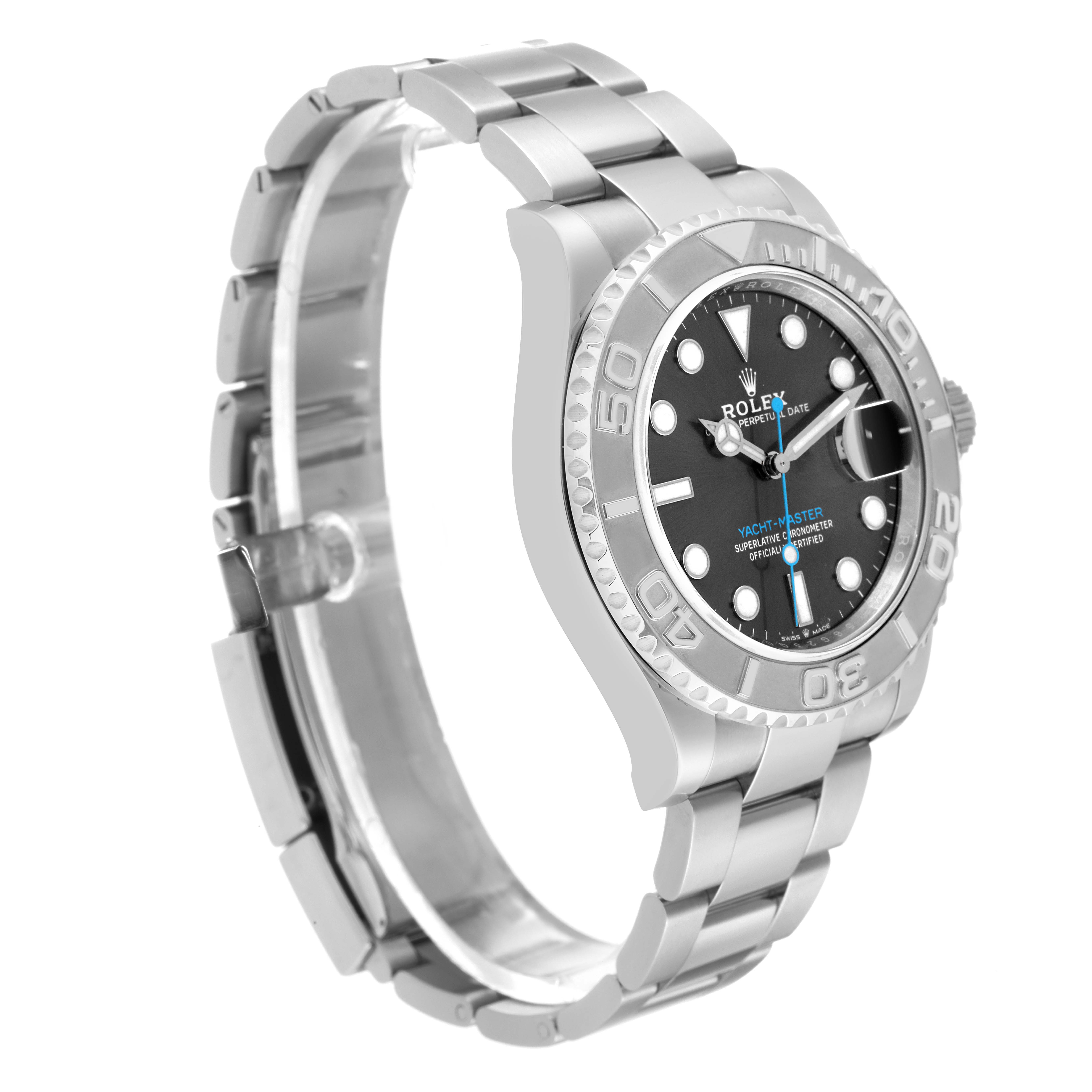 The Rolex Yacht-Master 126622 Men
s Stainless Steel Grey Dial 126622 Men
s Stainless Steel Grey Dial watch is shown at a front-left angle highlighting the face, bezel, and part of the bracelet.