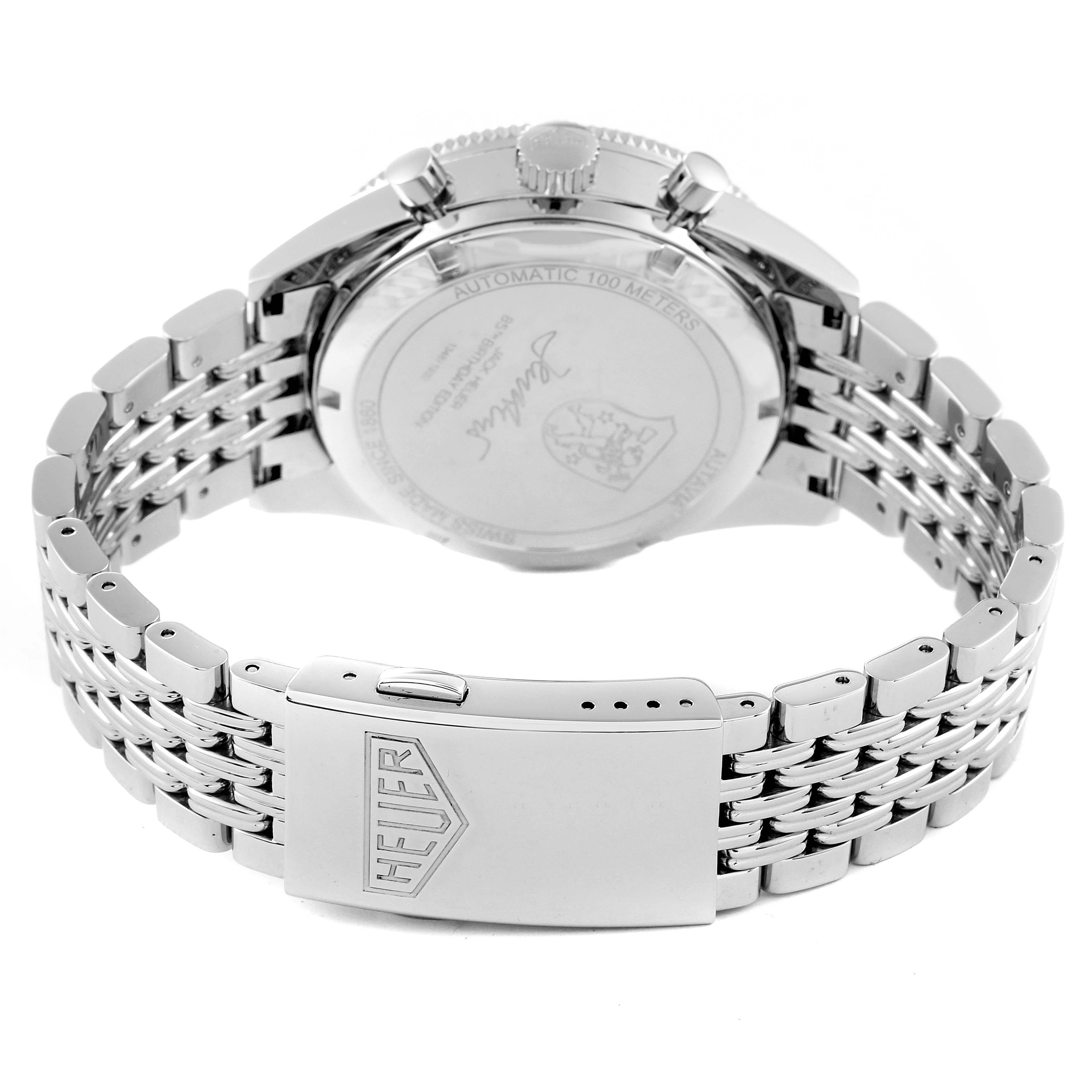 The image shows the back view of a Tag Heuer Autavia CBE2111.BA0687 Men's Stainless Steel Silver Dial CBE2111.BA0687 Men's Stainless Steel Silver Dial watch, highlighting the case back, bracelet, and clasp.