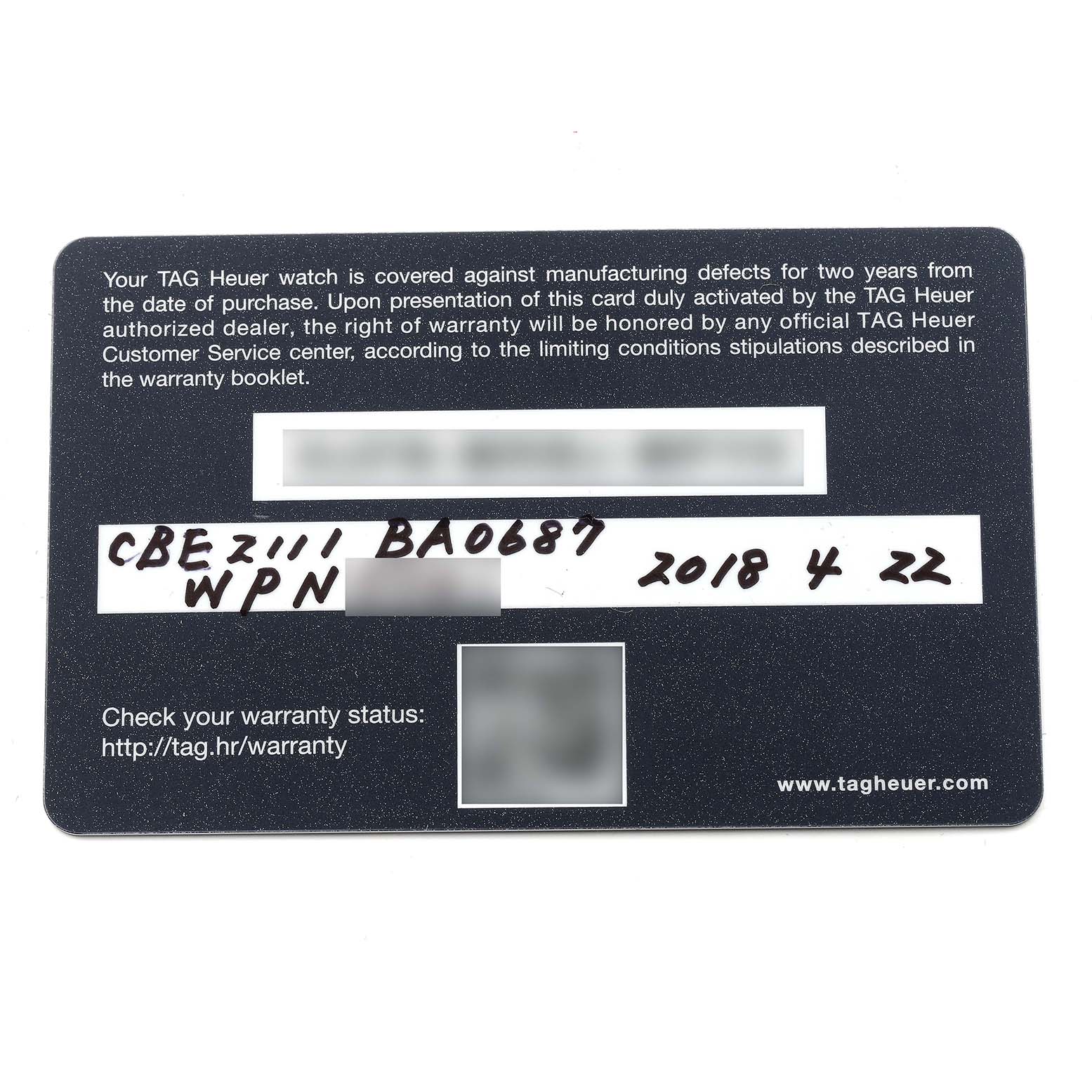 The image shows the warranty card for a Tag Heuer Autavia CBE2111.BA0687 Men's Stainless Steel Silver Dial CBE2111.BA0687 Men's Stainless Steel Silver Dial model watch.