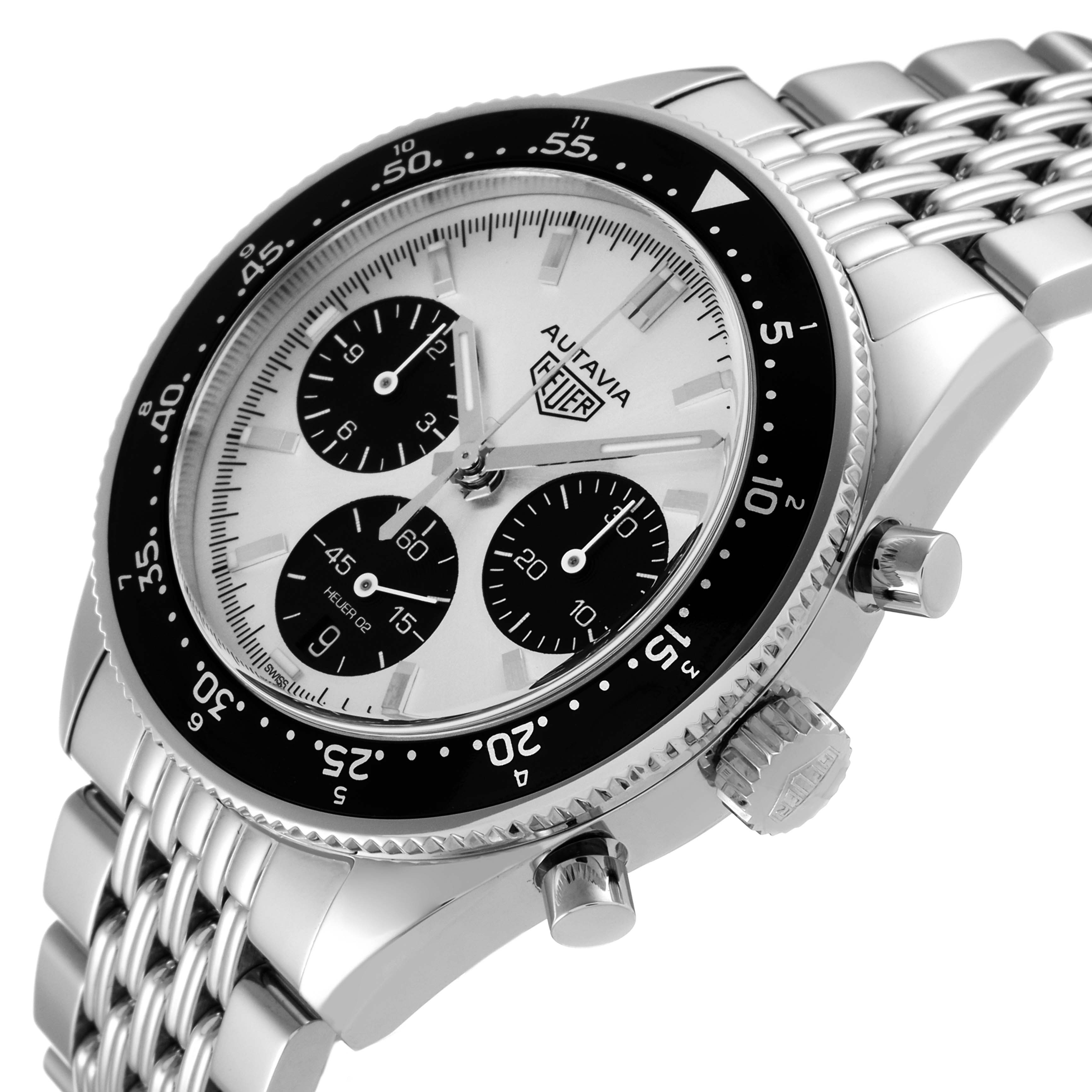 The image shows an angled view of the face, bezel, crown, push buttons, and part of the band of the Tag Heuer Autavia CBE2111.BA0687 Men's Stainless Steel Silver Dial CBE2111.BA0687 Men's Stainless Steel Silver Dial watch.