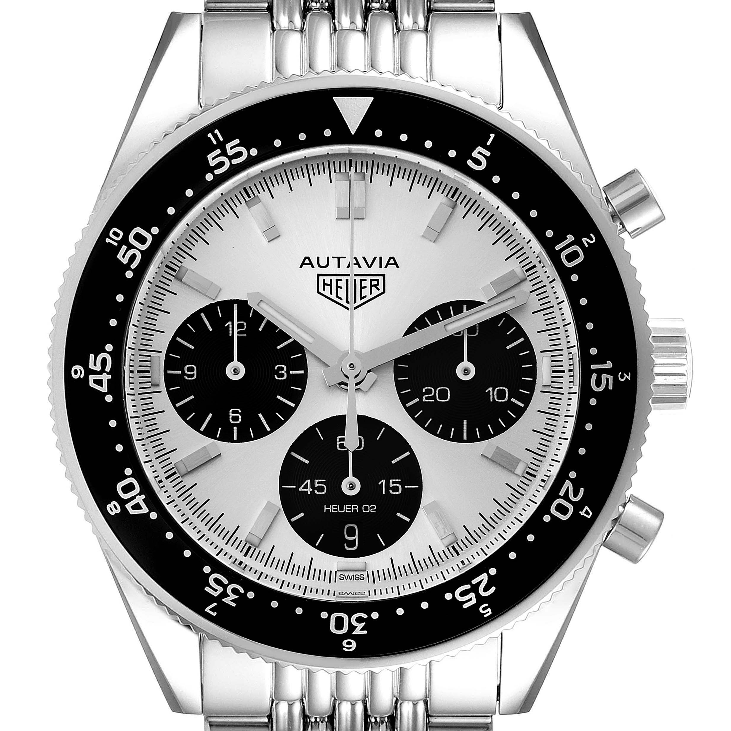 This image shows a straight-on view of the face of a Tag Heuer Autavia CBE2111.BA0687 Men's Stainless Steel Silver Dial CBE2111.BA0687 Men's Stainless Steel Silver Dial watch, displaying its dials, bezel, and part of the metal bracelet.