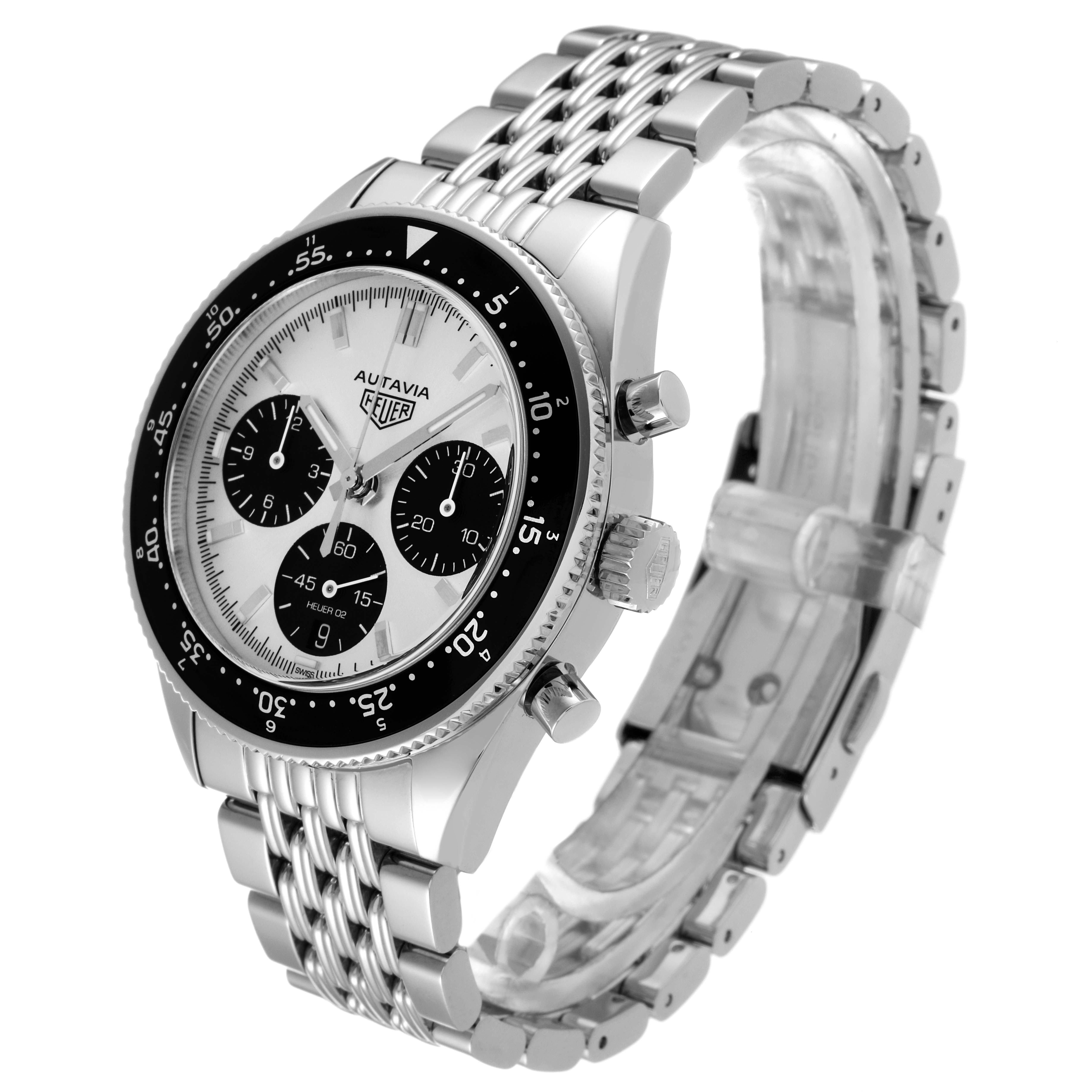 The image shows a Tag Heuer Autavia CBE2111.BA0687 Men's Stainless Steel Silver Dial CBE2111.BA0687 Men's Stainless Steel Silver Dial watch at a three-quarter angle, highlighting the face, bezel, pushers, and bracelet.