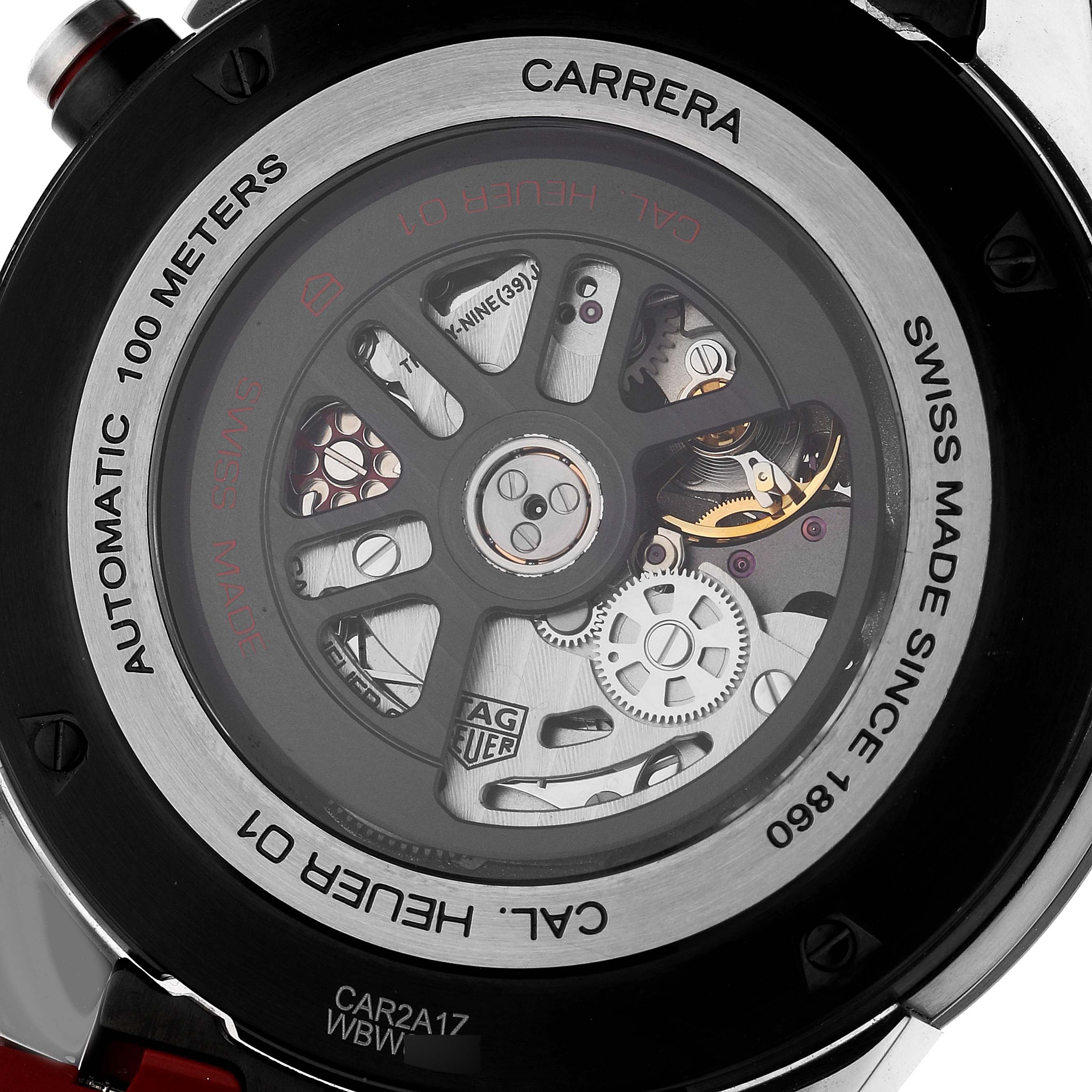 The image shows the back view of the Tag Heuer Carrera CAR2A1Z Men
s Stainless Steel Black Dial CAR2A1Z Men
s Stainless Steel Black Dial watch, highlighting its automatic movement and intricate components.