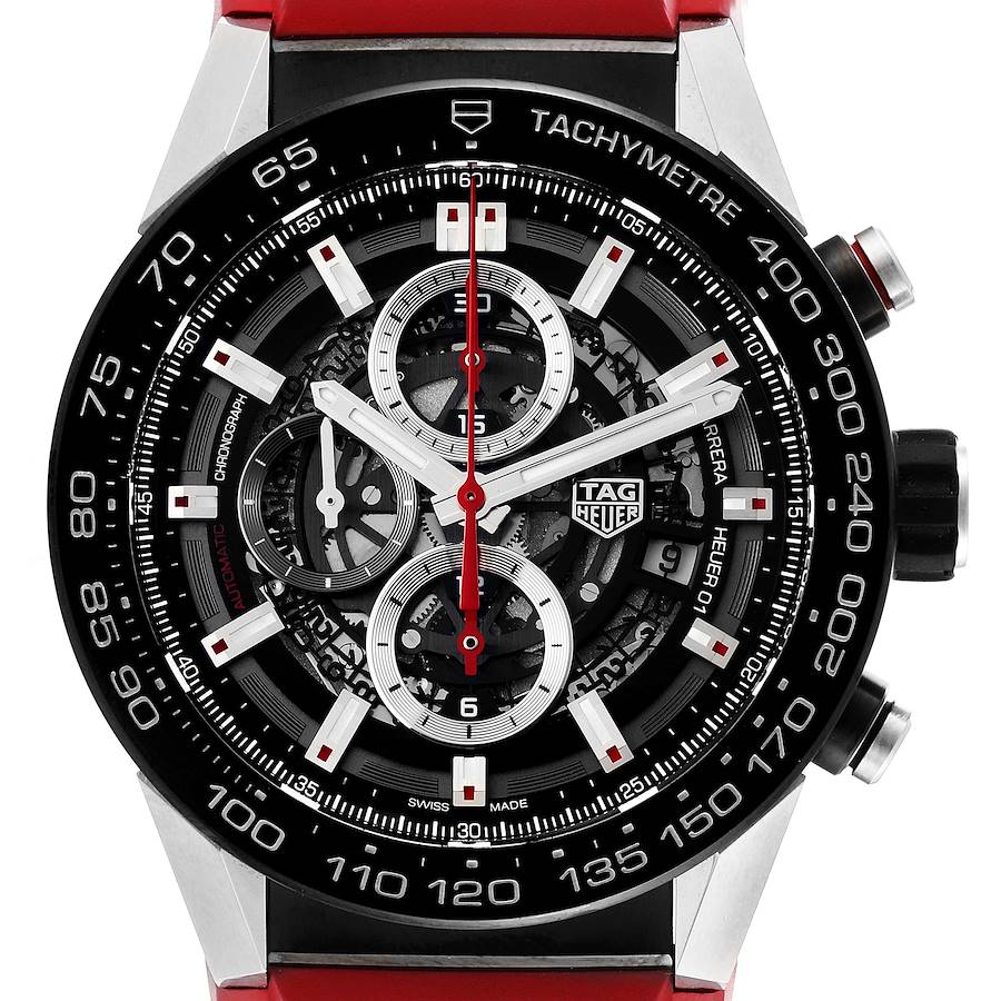 TAG Heuer Carrera Calibre Heuer 01 Skeleton Dial Red Strap Mens Watch CAR2A1Z SwissWatchExpo