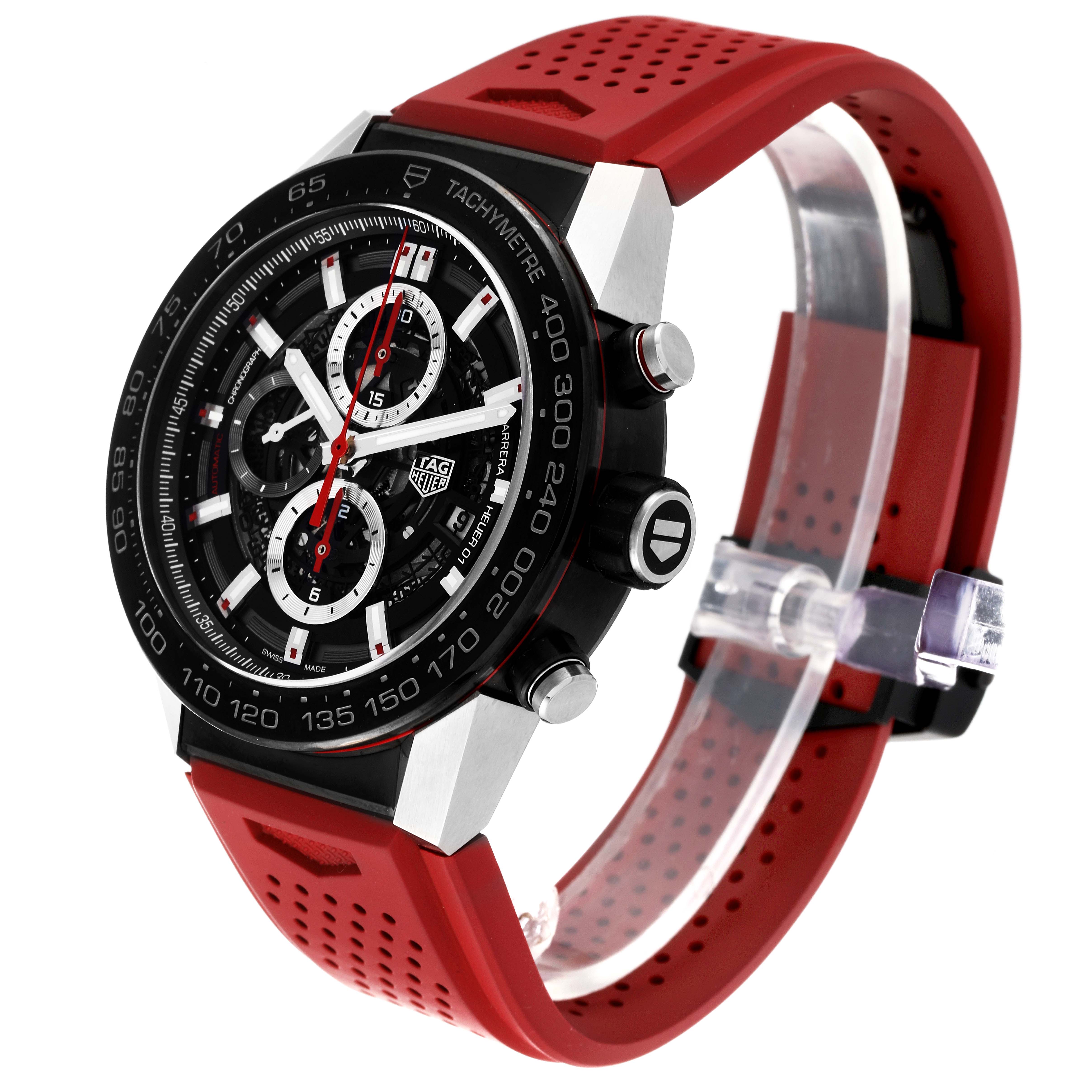 This image shows a side angle of the Tag Heuer Carrera CAR2A1Z Men
s Stainless Steel Black Dial CAR2A1Z Men
s Stainless Steel Black Dial watch, featuring its dial, buttons, and red perforated strap.