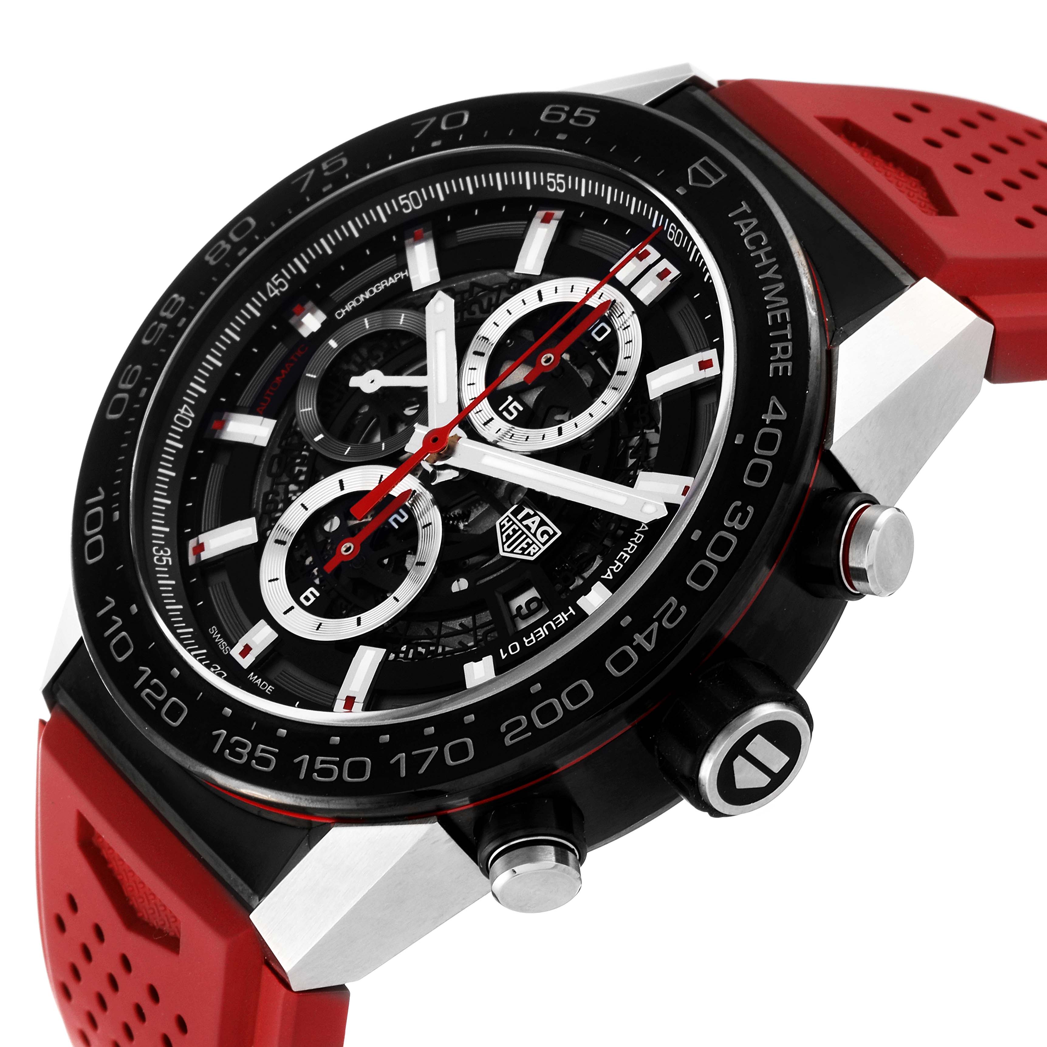 The image shows a Tag Heuer Carrera CAR2A1Z Men
s Stainless Steel Black Dial CAR2A1Z Men
s Stainless Steel Black Dial watch at a slight diagonal angle, highlighting its face, bezel, and red strap.