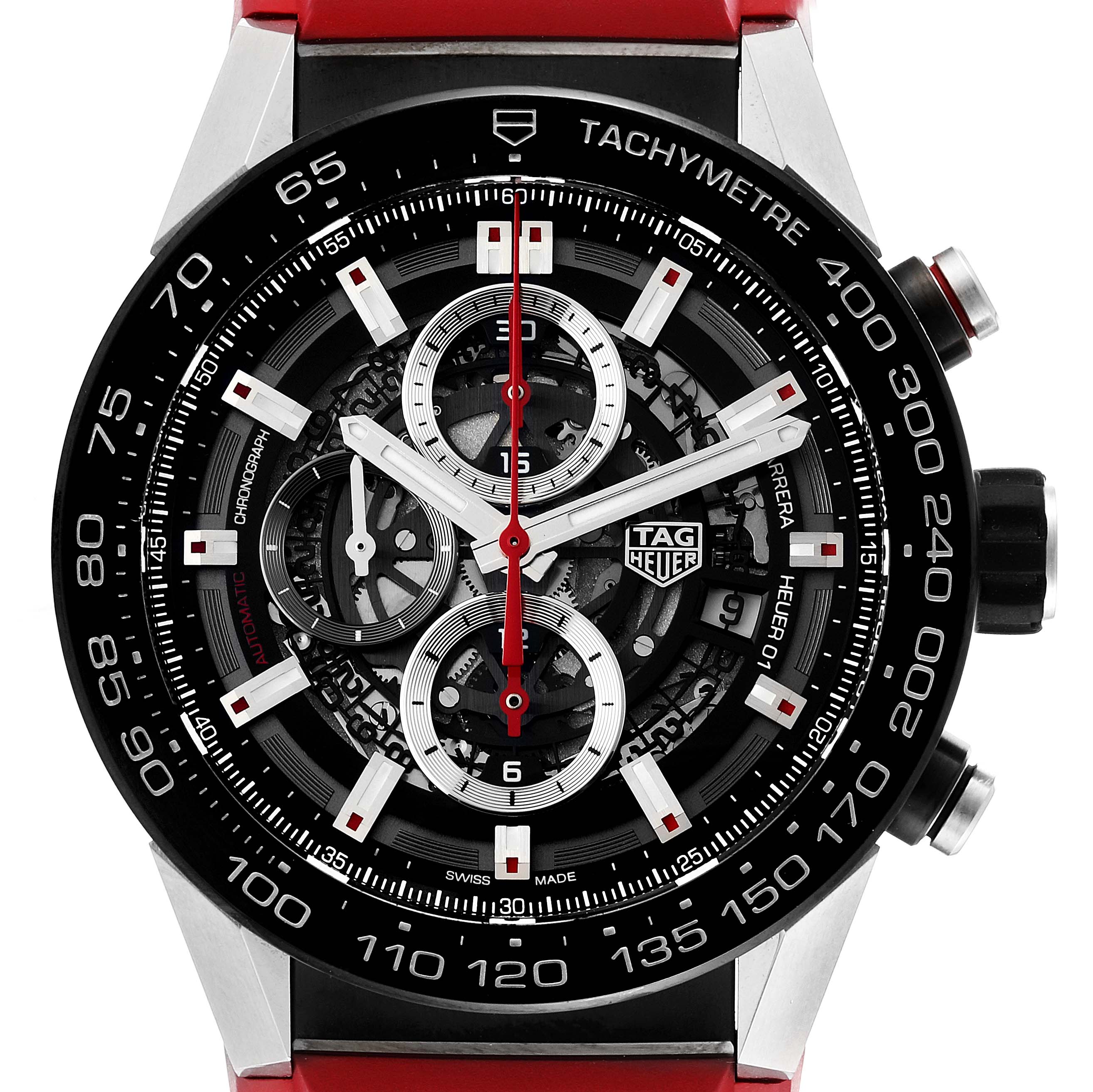 TAG Heuer Carrera Calibre Heuer 01 Skeleton Dial Red Strap Mens Watch  CAR2A1Z