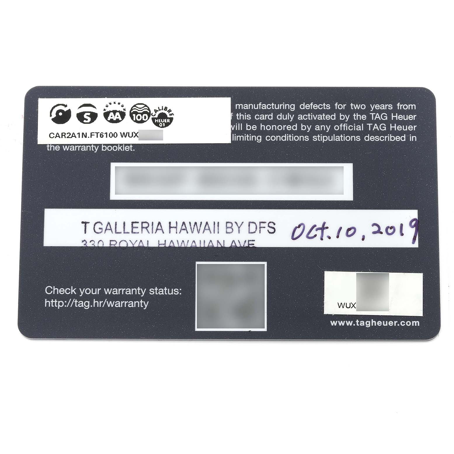 This image shows the warranty card for the Tag Heuer Carrera CAR2A1N.FT6100 Men's Stainless Steel Blue Dial CAR2A1N.FT6100 Men's Stainless Steel Blue Dial model watch.