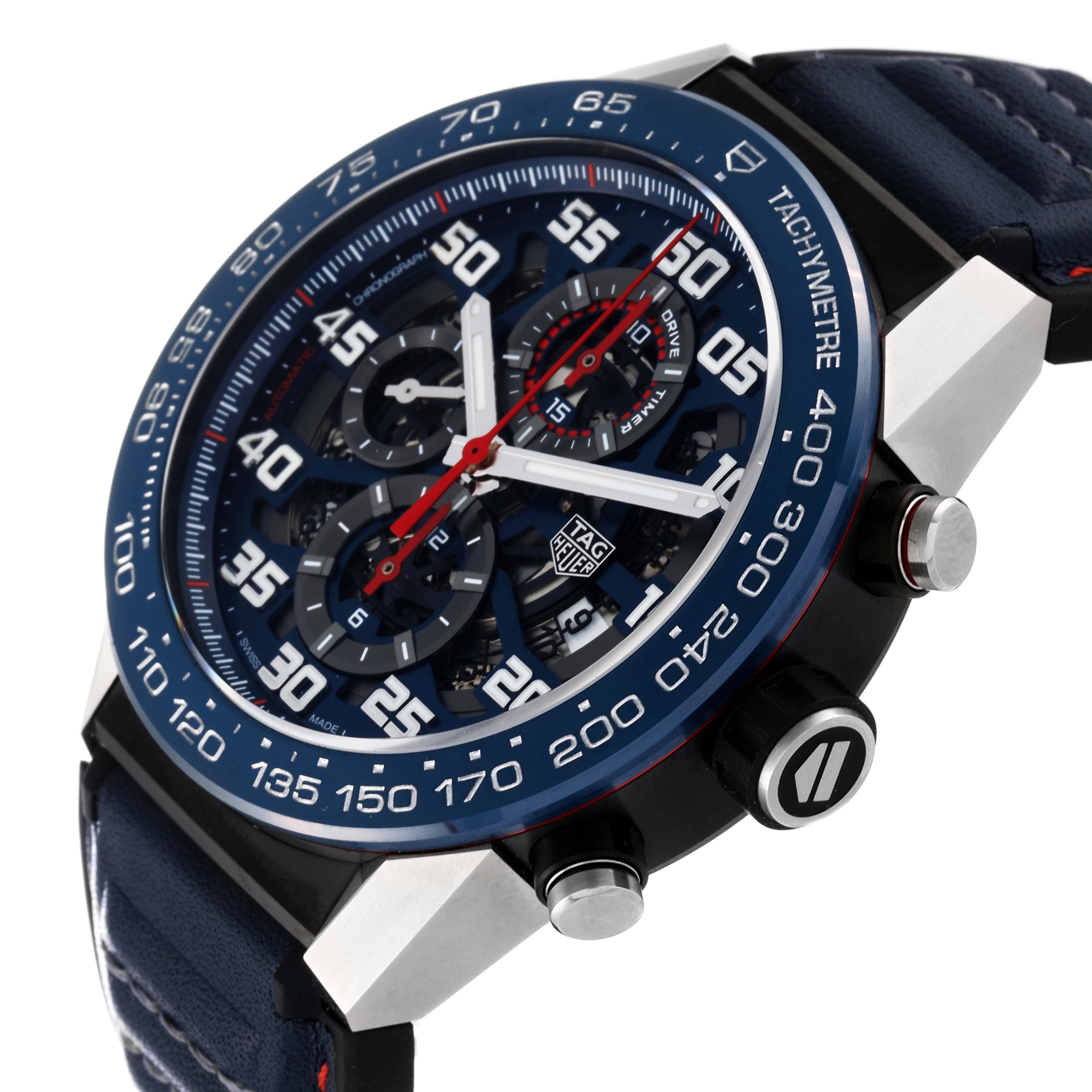 This image shows a close-up, angled view of the Tag Heuer Carrera CAR2A1N.FT6100 Men's Stainless Steel Blue Dial CAR2A1N.FT6100 Men's Stainless Steel Blue Dial watch, focusing on the face, bezel, and pushers.