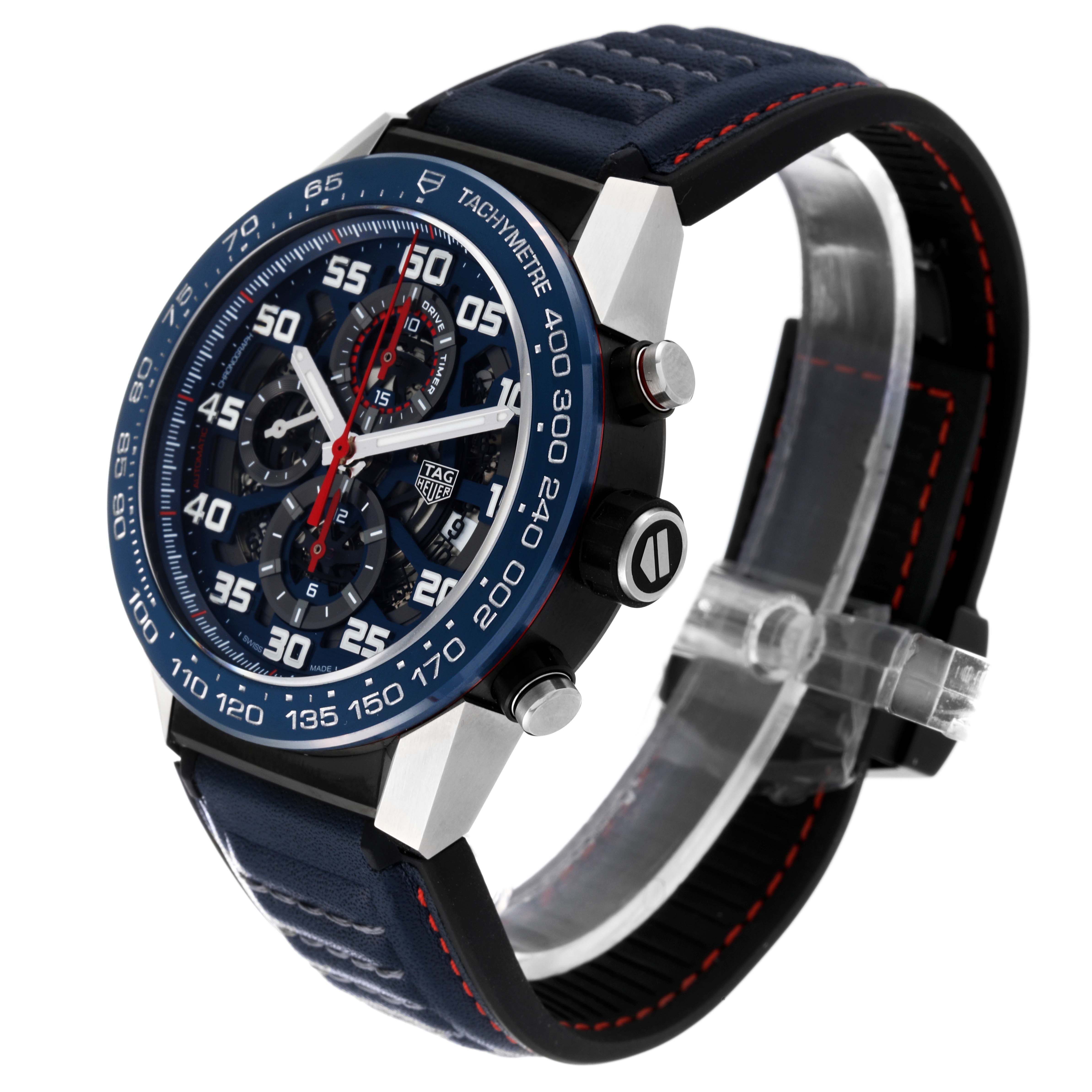 The image shows a Tag Heuer Carrera CAR2A1N.FT6100 Men's Stainless Steel Blue Dial CAR2A1N.FT6100 Men's Stainless Steel Blue Dial watch at a three-quarter angle, highlighting the watch face, side buttons, and part of the strap.