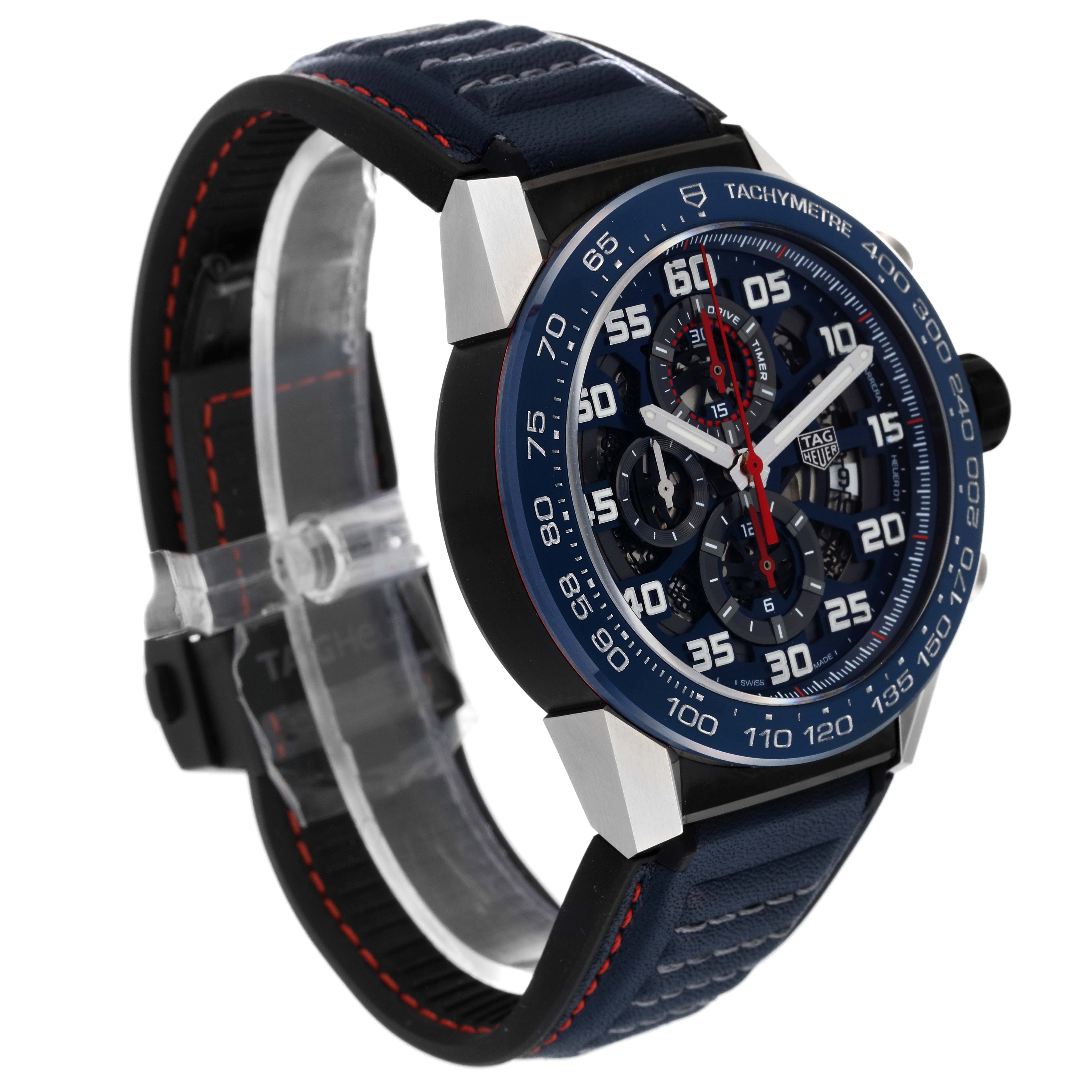The image shows a Tag Heuer Carrera CAR2A1N.FT6100 Men's Stainless Steel Blue Dial CAR2A1N.FT6100 Men's Stainless Steel Blue Dial model watch from a three-quarter angle, highlighting its face, bezel, and strap.