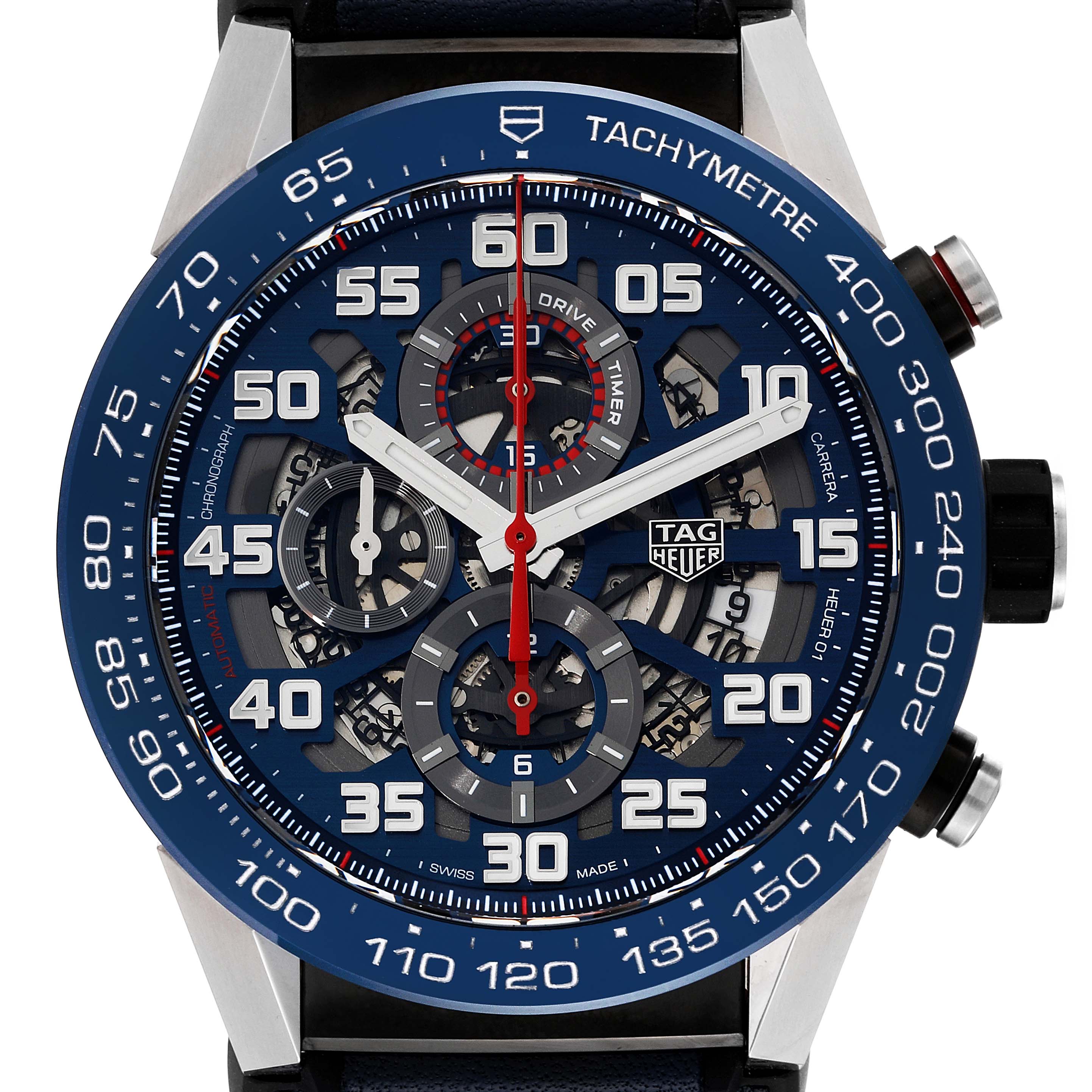This image shows a close-up, front view of the Tag Heuer Carrera CAR2A1N.FT6100 Men's Stainless Steel Blue Dial CAR2A1N.FT6100 Men's Stainless Steel Blue Dial watch, displaying its face and tachymeter.