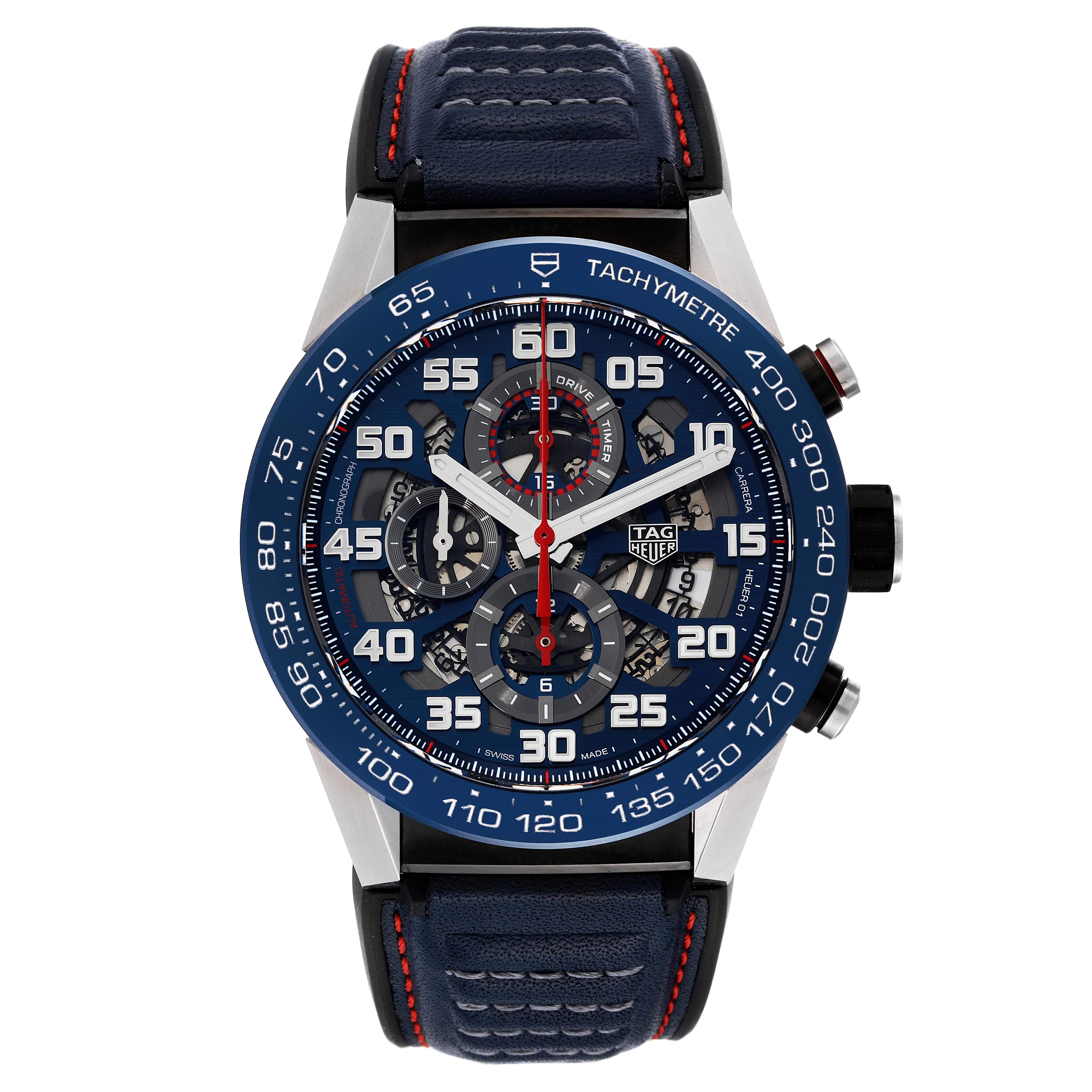 This image shows a front view of a Tag Heuer Carrera CAR2A1N.FT6100 Men's Stainless Steel Blue Dial CAR2A1N.FT6100 Men's Stainless Steel Blue Dial model watch, highlighting its intricate dial, tachymeter, and leather strap.