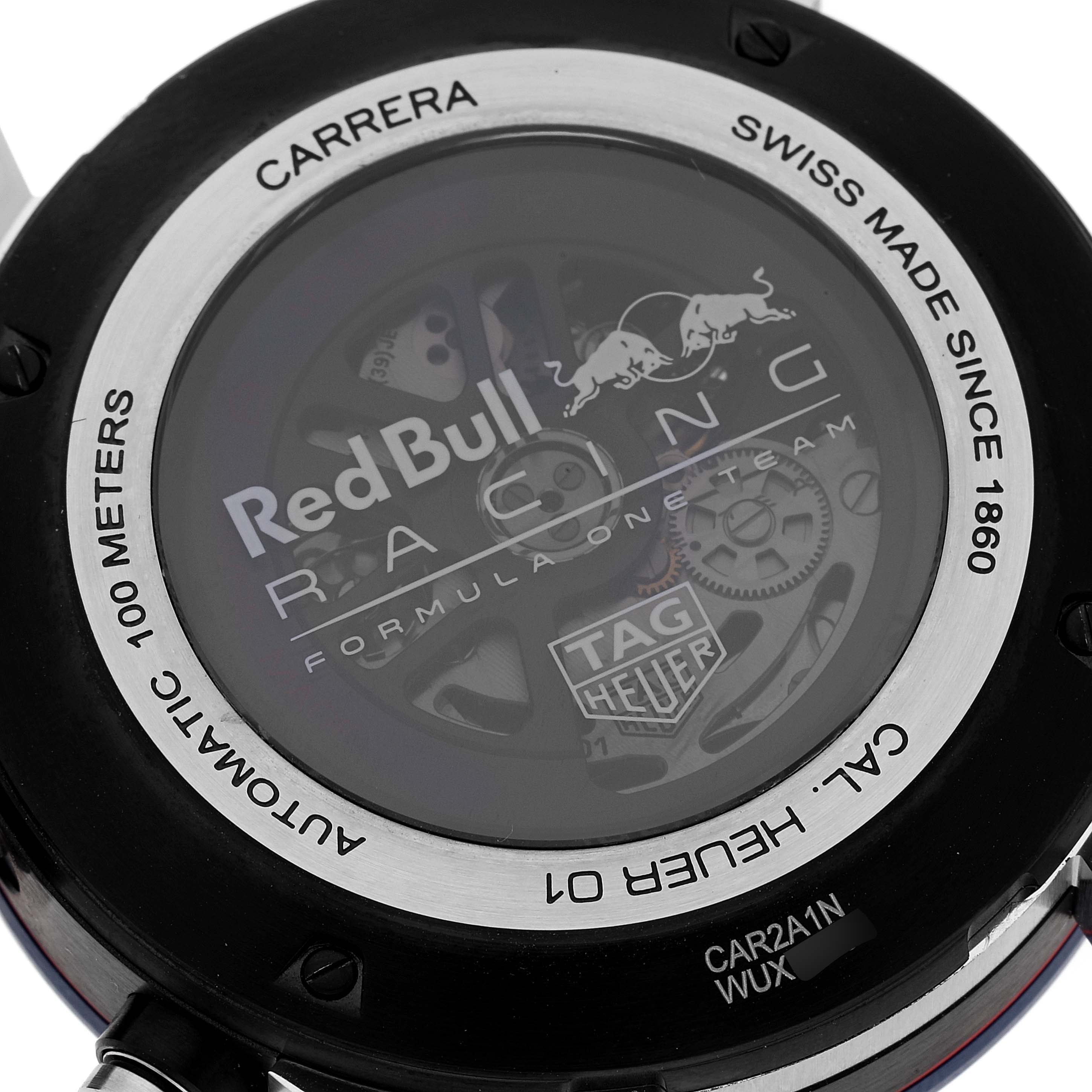 The image shows the back of a Tag Heuer Carrera CAR2A1N.FT6100 Men's Stainless Steel Blue Dial CAR2A1N.FT6100 Men's Stainless Steel Blue Dial watch featuring the Red Bull Racing logo and internal mechanics.