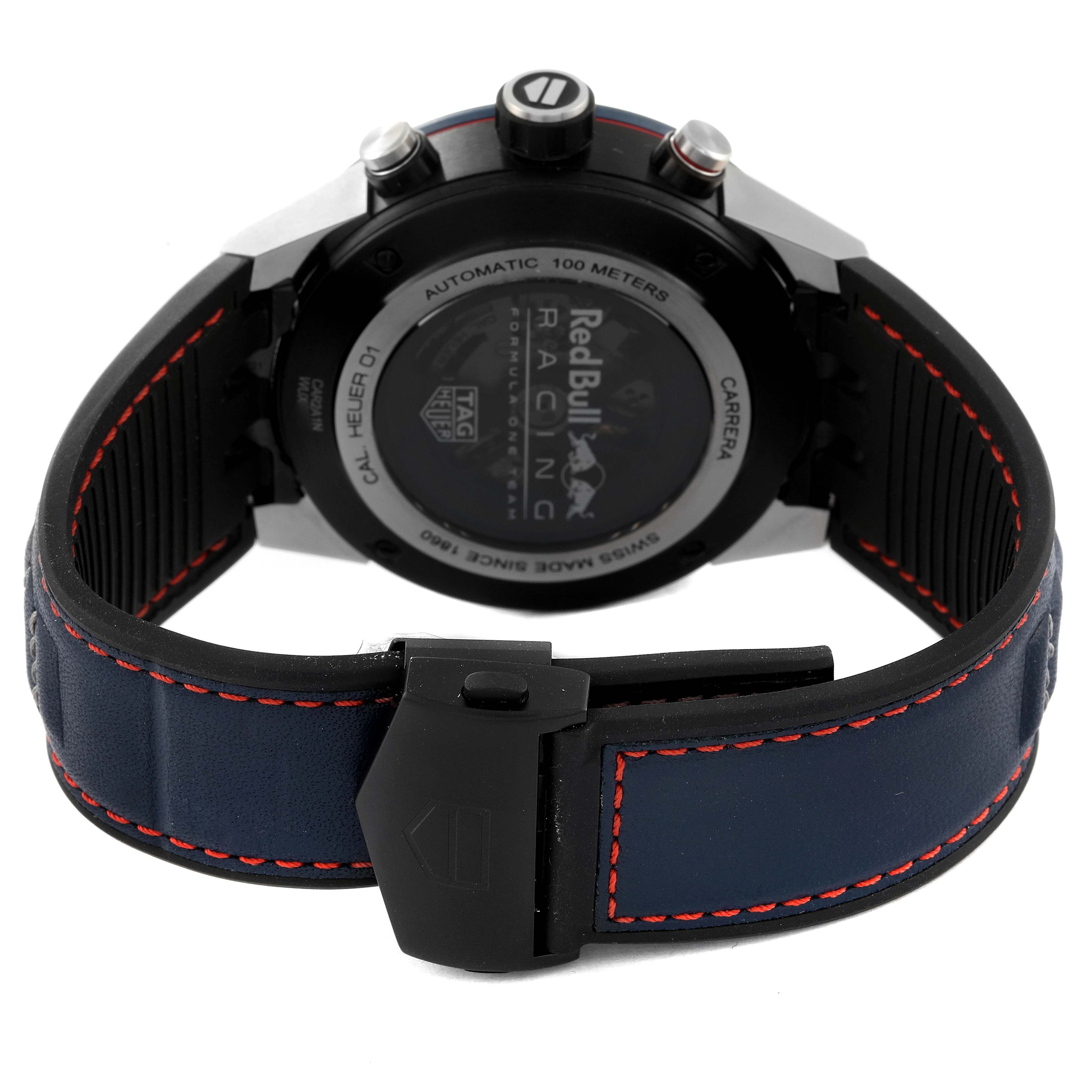 The image shows the back view of a Tag Heuer Carrera CAR2A1N.FT6100 Men's Stainless Steel Blue Dial CAR2A1N.FT6100 Men's Stainless Steel Blue Dial watch, focusing on the strap and case back.