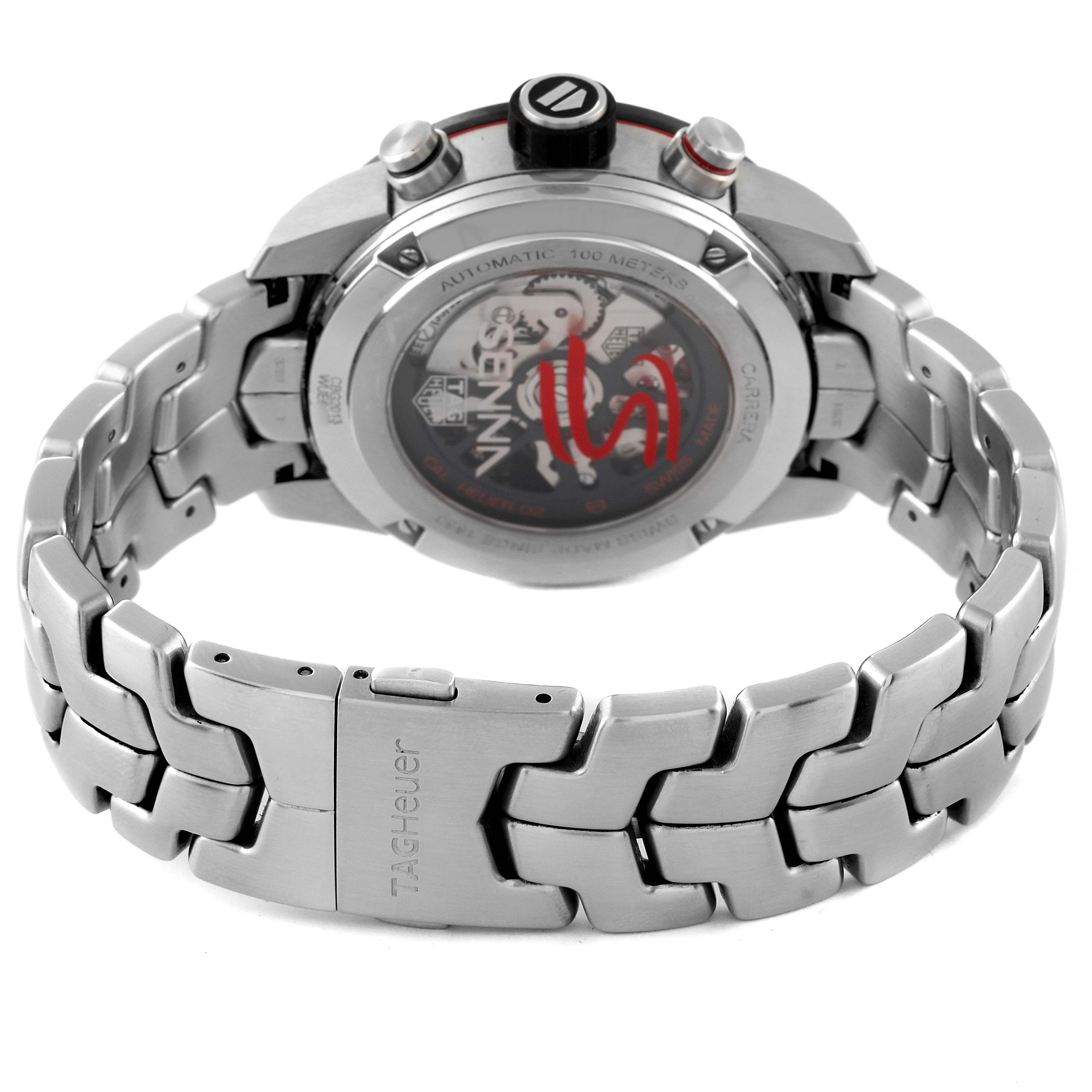 The image shows the back angle of the Tag Heuer Carrera CBG2013 Men's Stainless Steel Transparent Dial CBG2013 Men's Stainless Steel Transparent Dial watch, highlighting the case back and metallic bracelet.