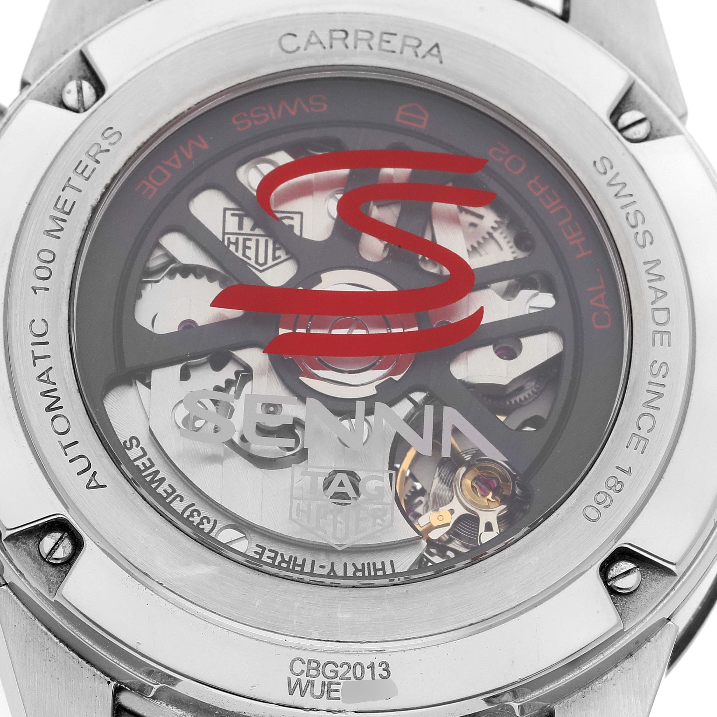This image shows the back of a Tag Heuer Carrera CBG2013 Men's Stainless Steel Transparent Dial CBG2013 Men's Stainless Steel Transparent Dial watch, revealing the intricate internal mechanisms and engraving.