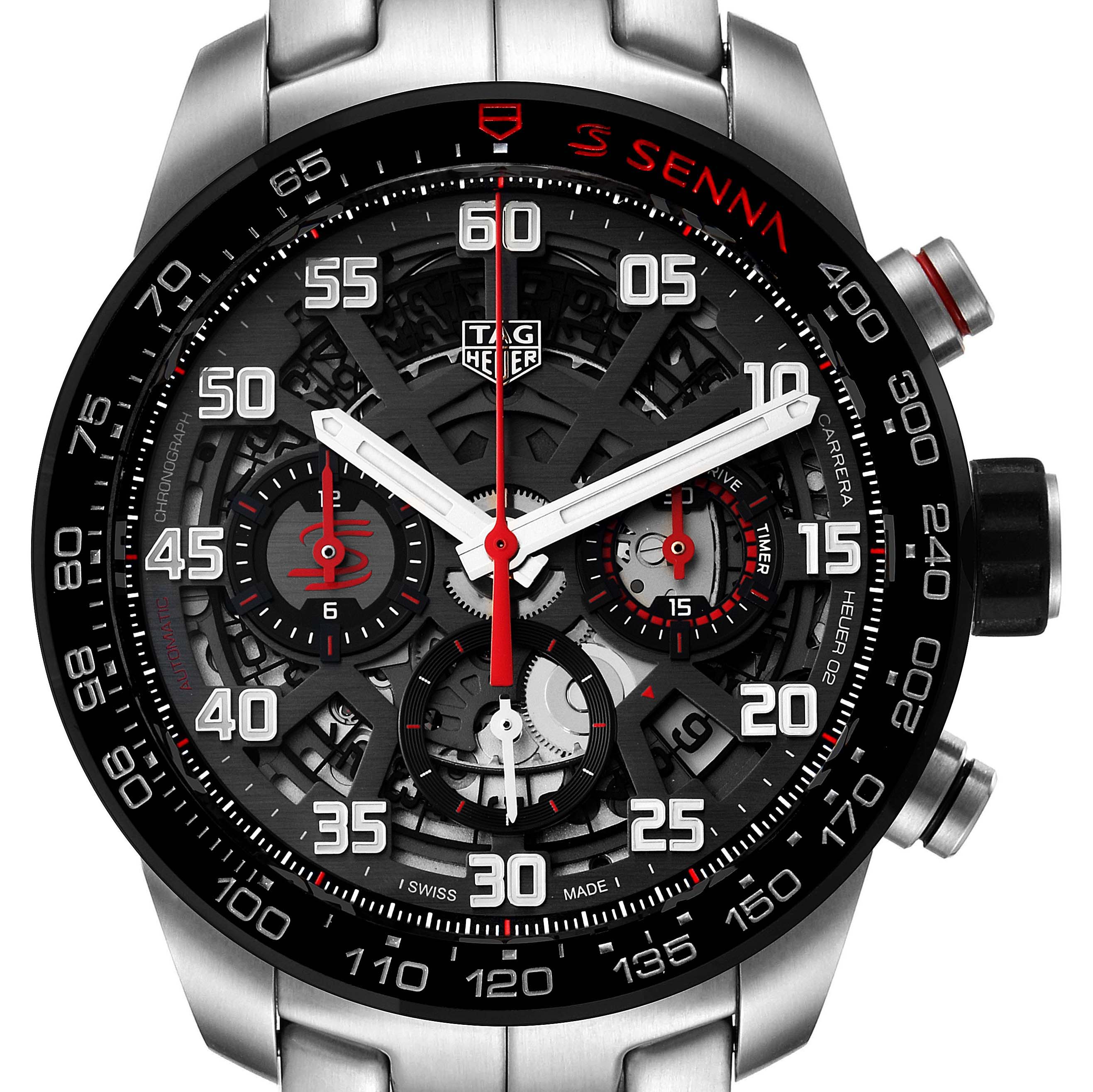This image shows a close-up frontal view of the Tag Heuer Carrera CBG2013 Men's Stainless Steel Transparent Dial CBG2013 Men's Stainless Steel Transparent Dial watch, highlighting its dial, bezel, and chronograph subdials.
